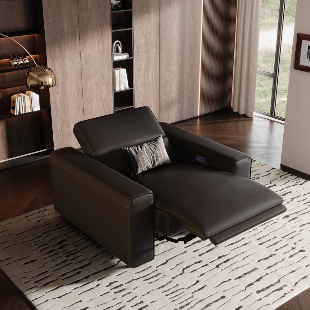 Angle. POVISON - 48" Modern Power Reclining Sofa with Adjustable Headrest, Deep Seat, USB/USB-C Charging Port, Khaki - Black Sustainable Leather.