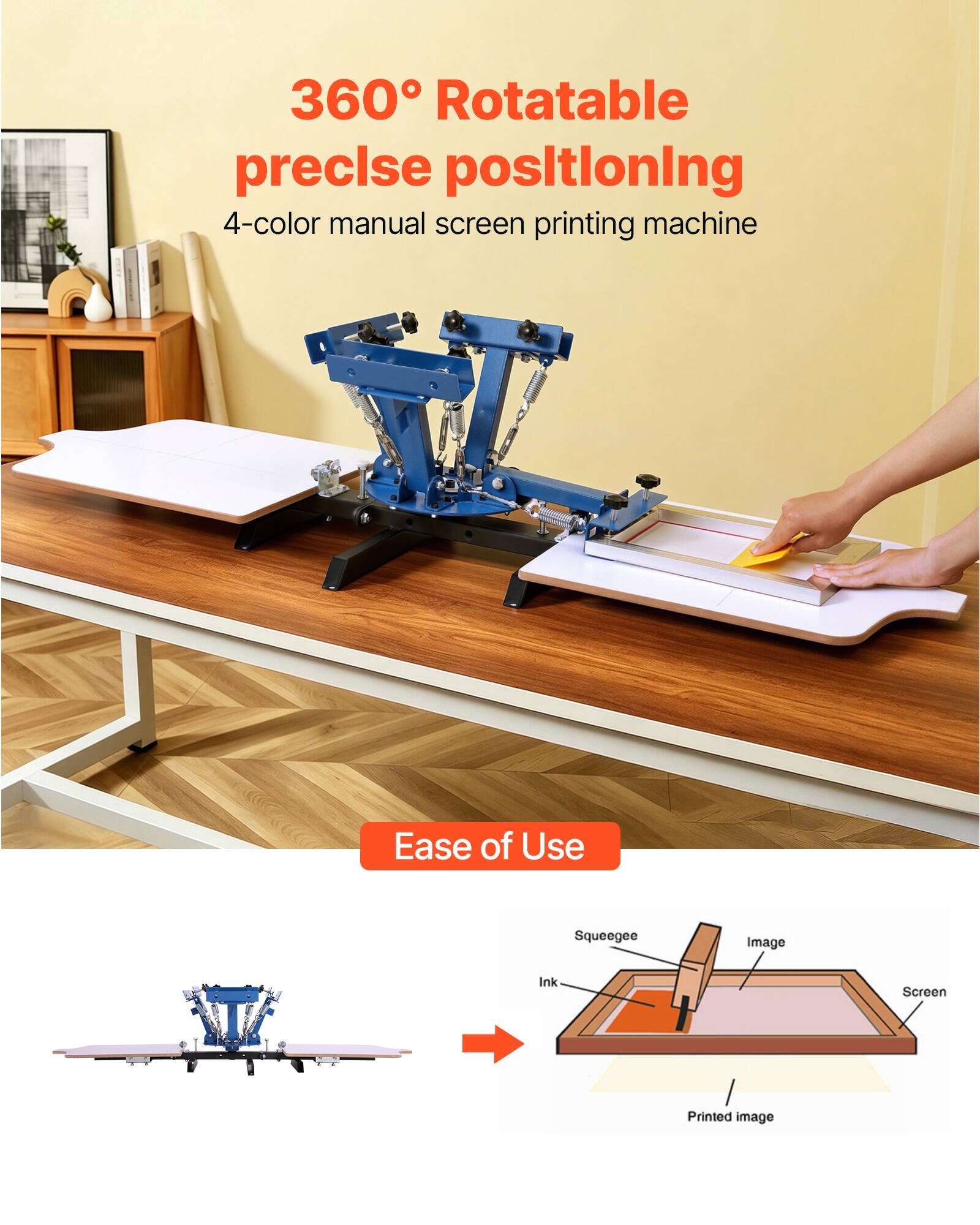 360° Rotatable precise positioning  
4-color manual screen printing machine

Ease of Use

Squeegee  
Image  
Ink  
Screen  
Printed image