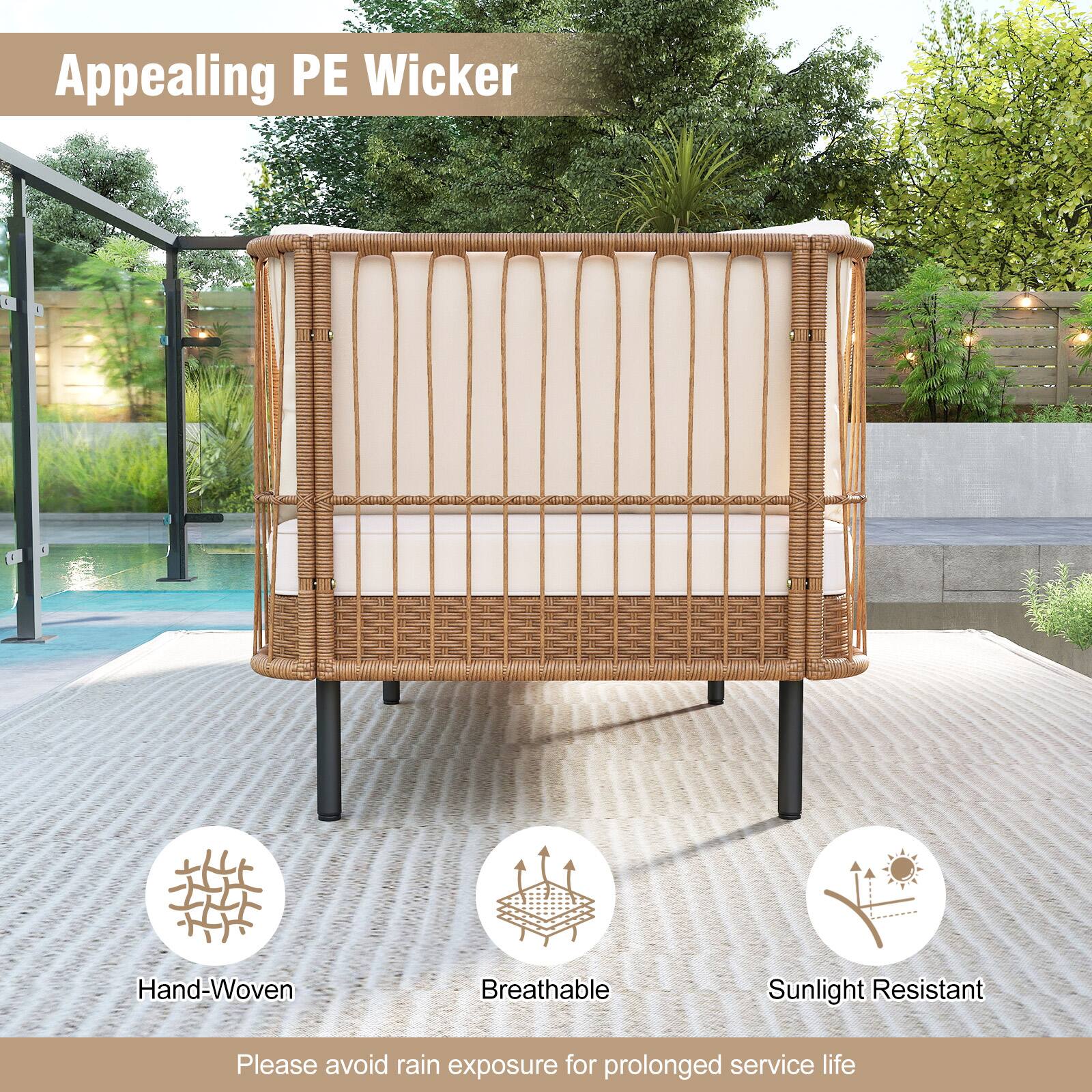 Appealing PE Wicker

Hand-Woven  
Breathable  
Sunlight Resistant  

Please avoid rain exposure for prolonged service life