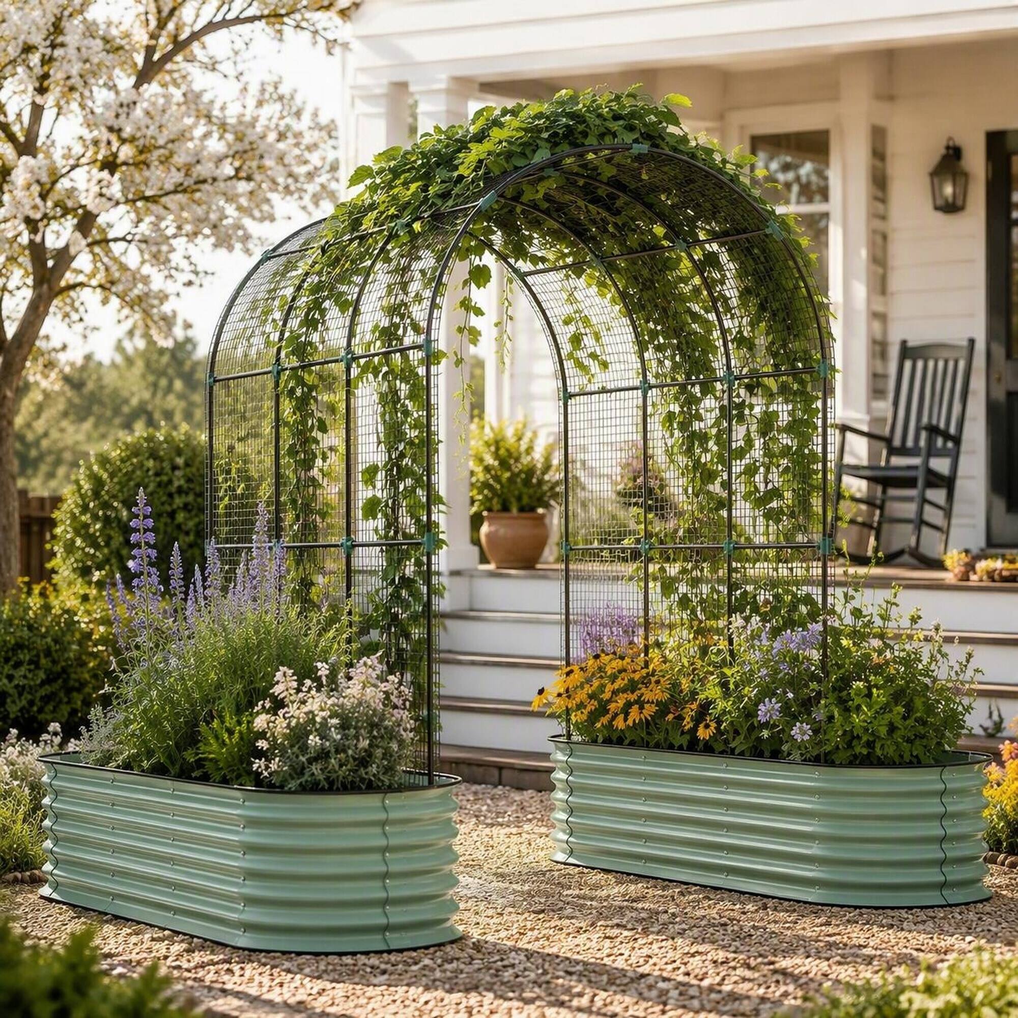 Left. RYHNUYNE - Raised Garden Bed Set with Arch Trellis and Climbing Net for Vegetables and Flowers, Galvanized Steel Planter - Green.