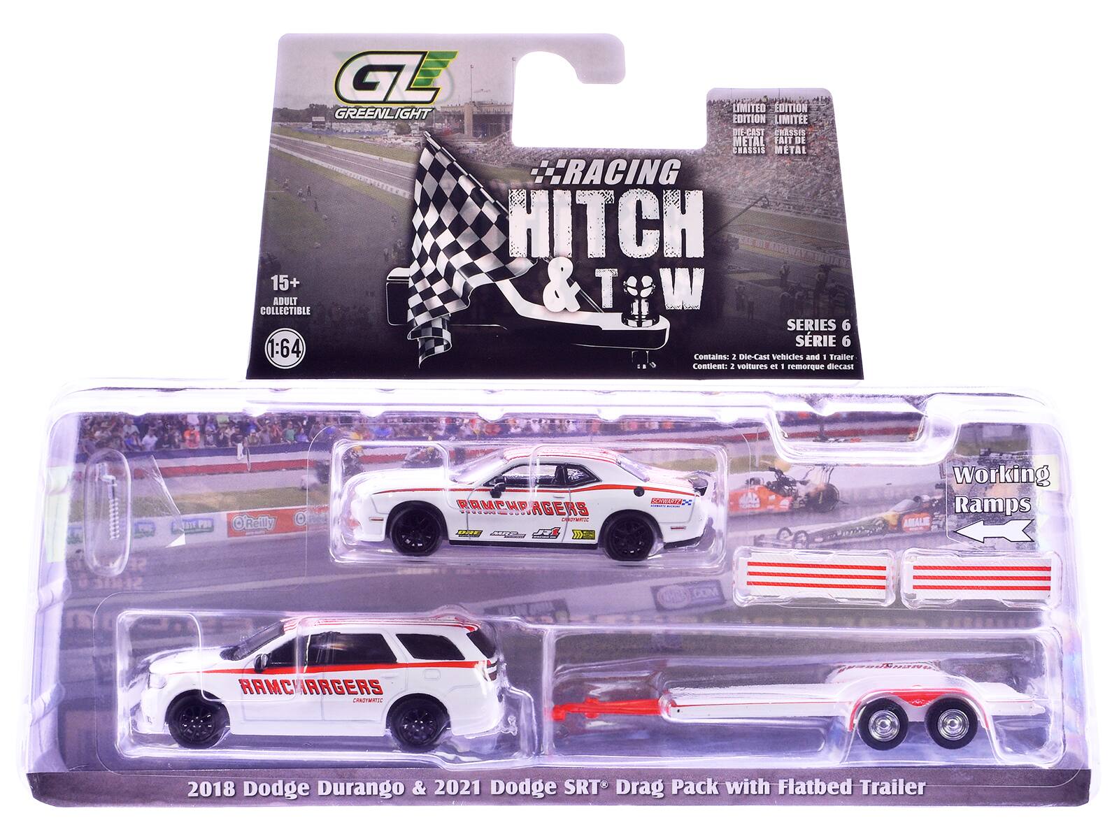 GL LIMITED EDITION GREENLIGHT EDITION LIMITEE HECASI CUISSIS METAL FAIT DE CHASSIS METAL CRACING HITCH 15+ & T W ADULT COLLECTIBLE SERIES 6 SRIE 6 1:64

Contains: 2 Die-Cast vehicles and 1 Trailer

Content: 2 voitures et 1 remorque diecast

1 OReilly RAMPUD AGERS Pien AE SCTO

Working Ramps

2018 Dodge Durango & 2021 Dodge SRT* Drag Pack with Flatbed Trailer