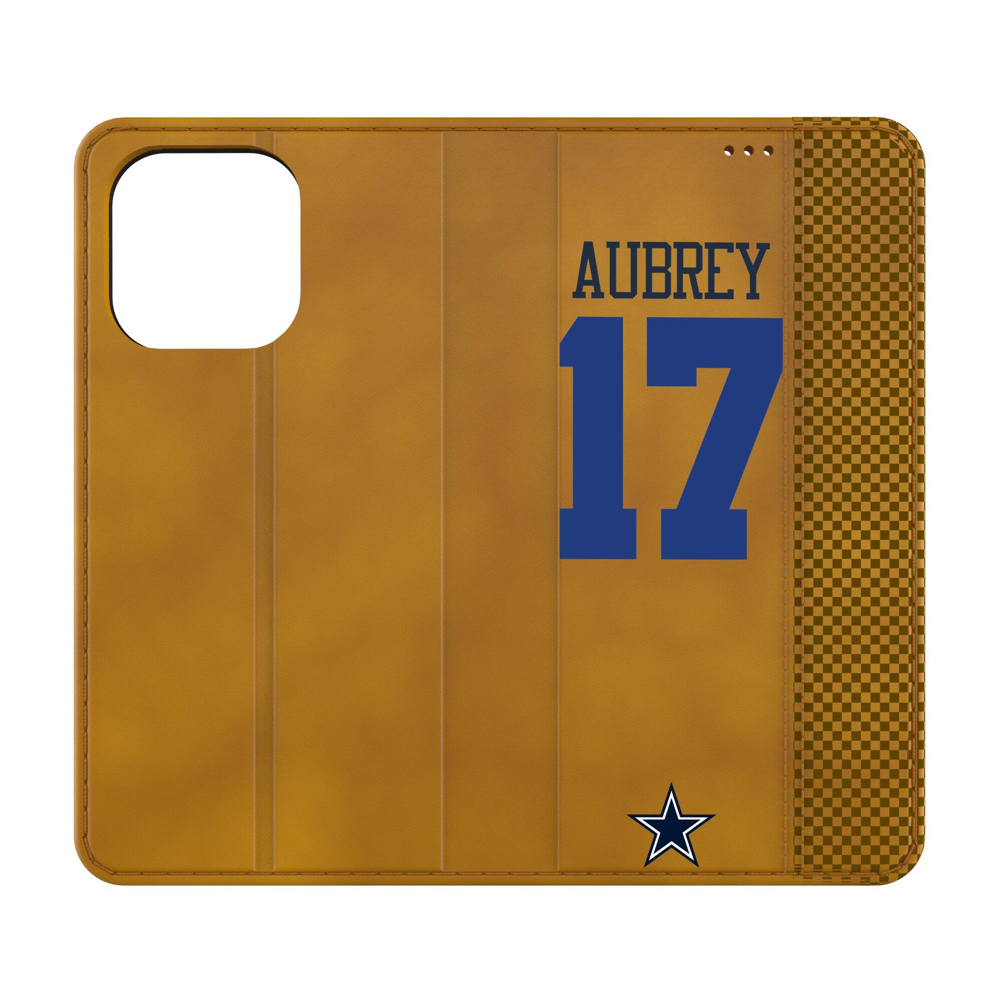 Front. Keyscaper - Brandon Aubrey Brown Dallas Cowboys Folio iPhone Case - 13 Pro - Brown.