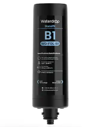 Waterdrop Standfit B1 WD-FDL-B1 Specifications/Spcifications Filter capacity! Capacité de filtration up to 6 months/Jusqu'à 6 mois Temperature/ Temperature 2-38 C (35-100 F) Flow rate/Debit 0.75 gpm (2.83 Lpm) Working pressure/Pression de fonctionnement 10-100 psi (0.7-6.8 bar) Lock Unlock Verrouillage Dverrouiller +1-888-352-3558 (U.S./E-U) UWF@waterdropfilter.com