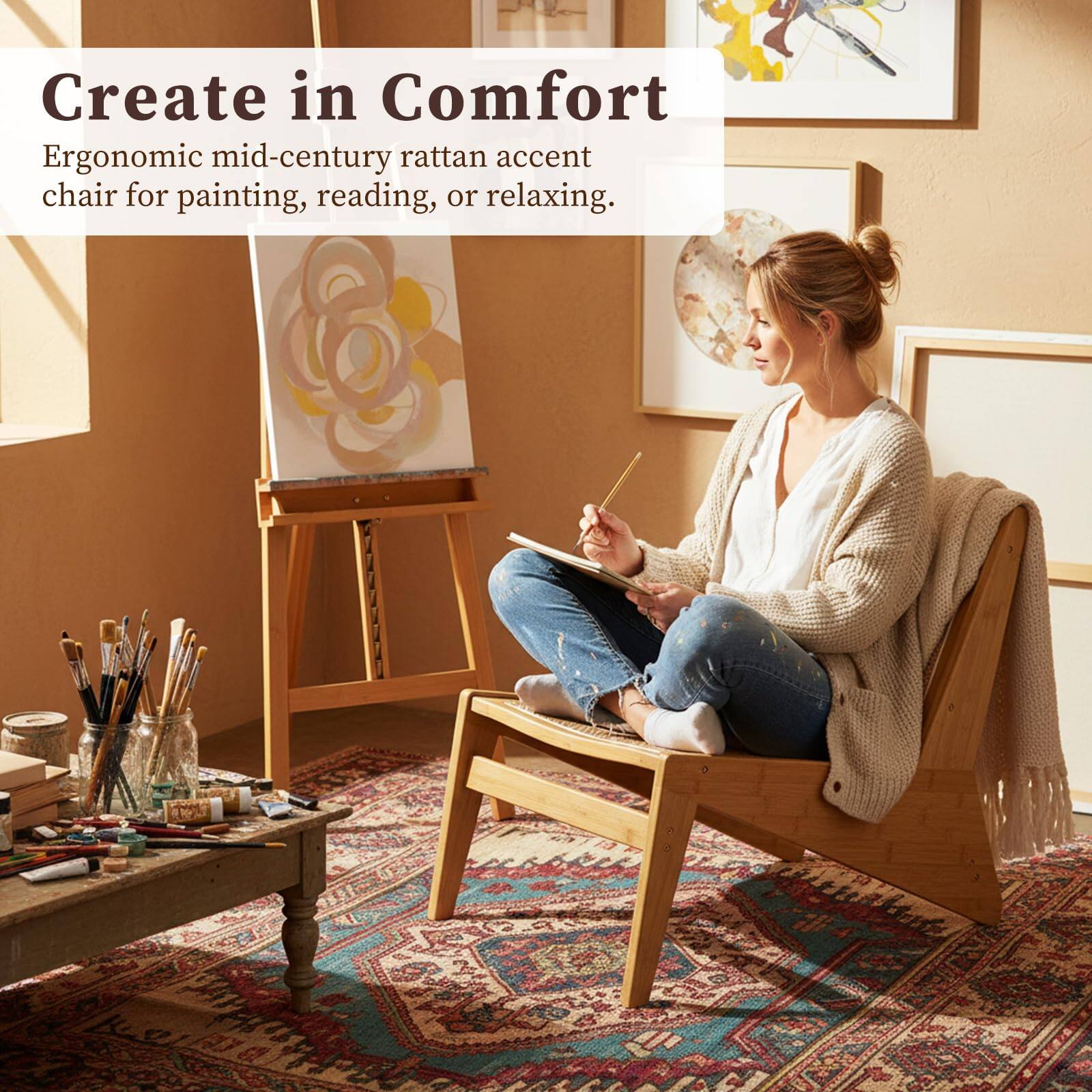 Create in Comfort

Ergonomic mid-century rattan accent chair for painting, reading, or relaxing.