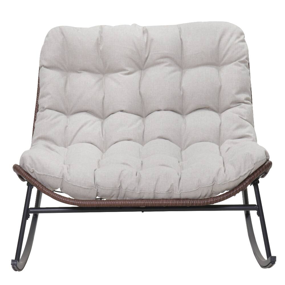 Back. Loheer - Loheer Double Wide Rocking Papasan Chair 2-Person Oversized Patio Lounge Chair with Cushions PE Rattan - Beige.