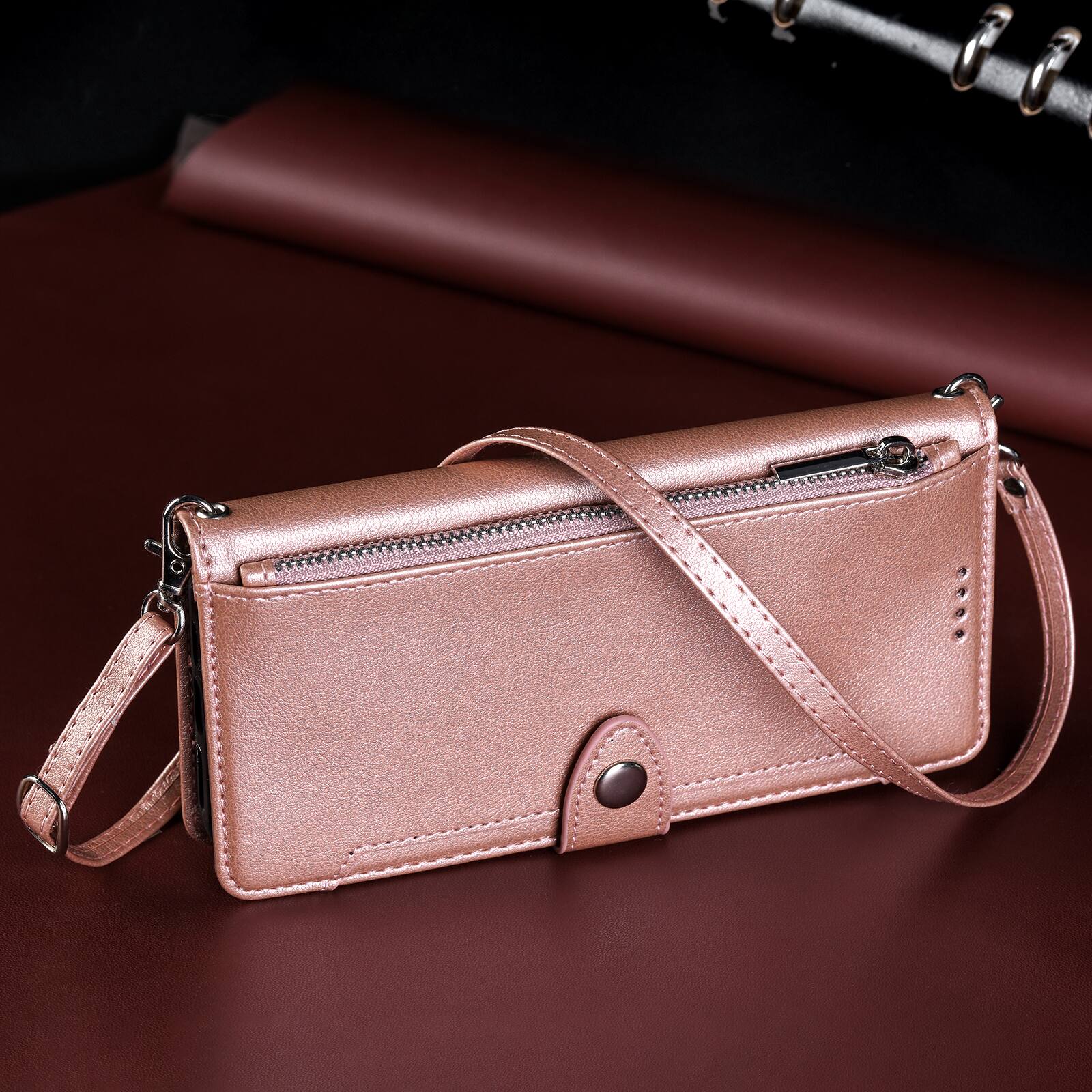 Alt View 2. Dteck - Wallet Case for Apple iPhone 16 Plus Crossbody Premium Leather Kickstand Zipper Card Slot Cover With Strap+Lanyard - Rosegold.