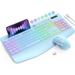 Earthley Blooms - Wireless And Mouse Combo 9 Backlit Effects Rgb Wrist Rest Phone Holder Full Size Rechargeable Sleep Mode - Wireless - Sky Blue