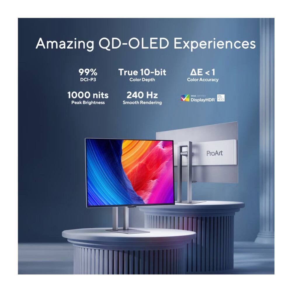 Amazing QD-OLED Experiences  
99% DCI-P3  
True 10-bit Color Depth  
ΔE < 1  
Color Accuracy  
1000 nits Peak Brightness  
240 Hz Smooth Rendering  
DisplayHDR 400  
ProArt
