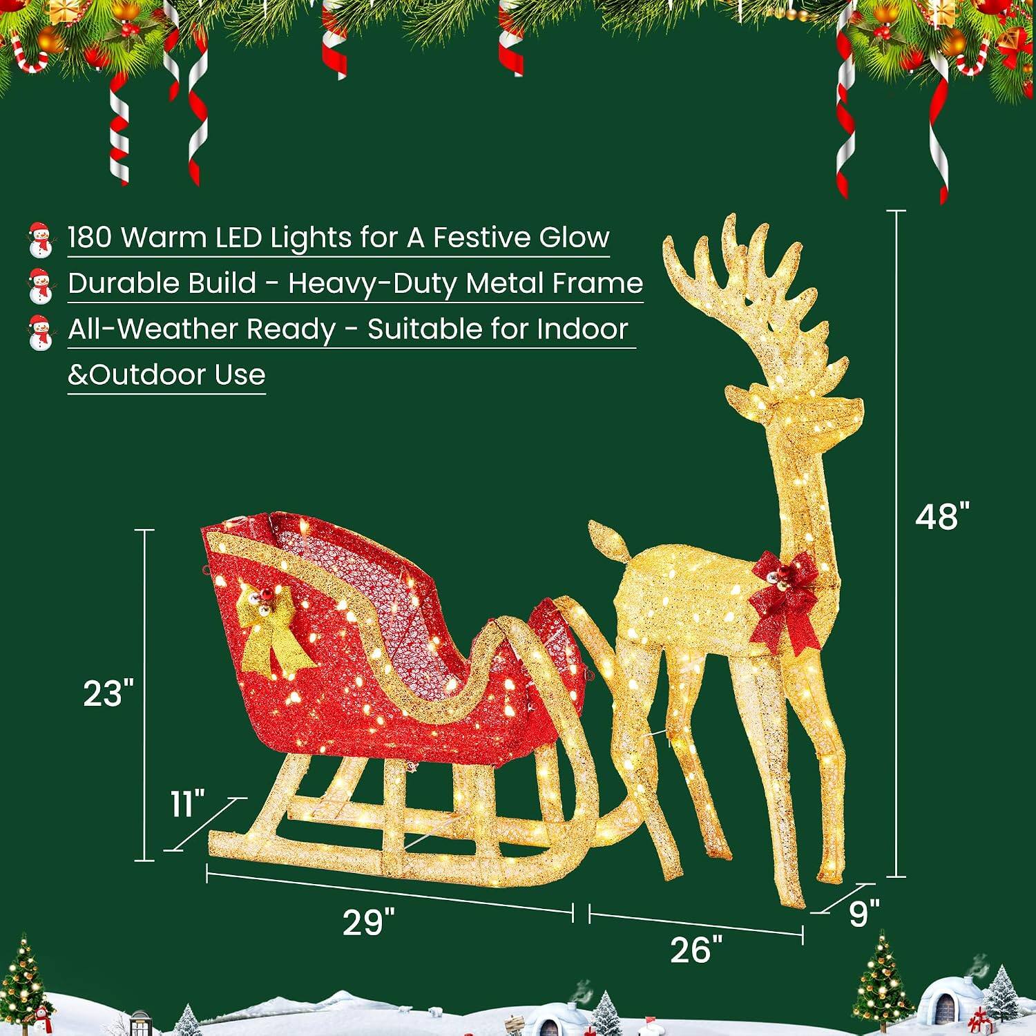 180 Warm LED Lights for A Festive Glow  
Durable Build - Heavy-Duty Metal Frame  
All-Weather Ready - Suitable for Indoor & Outdoor Use  

48"  
23"  
11"  
29"  
26"  
9"