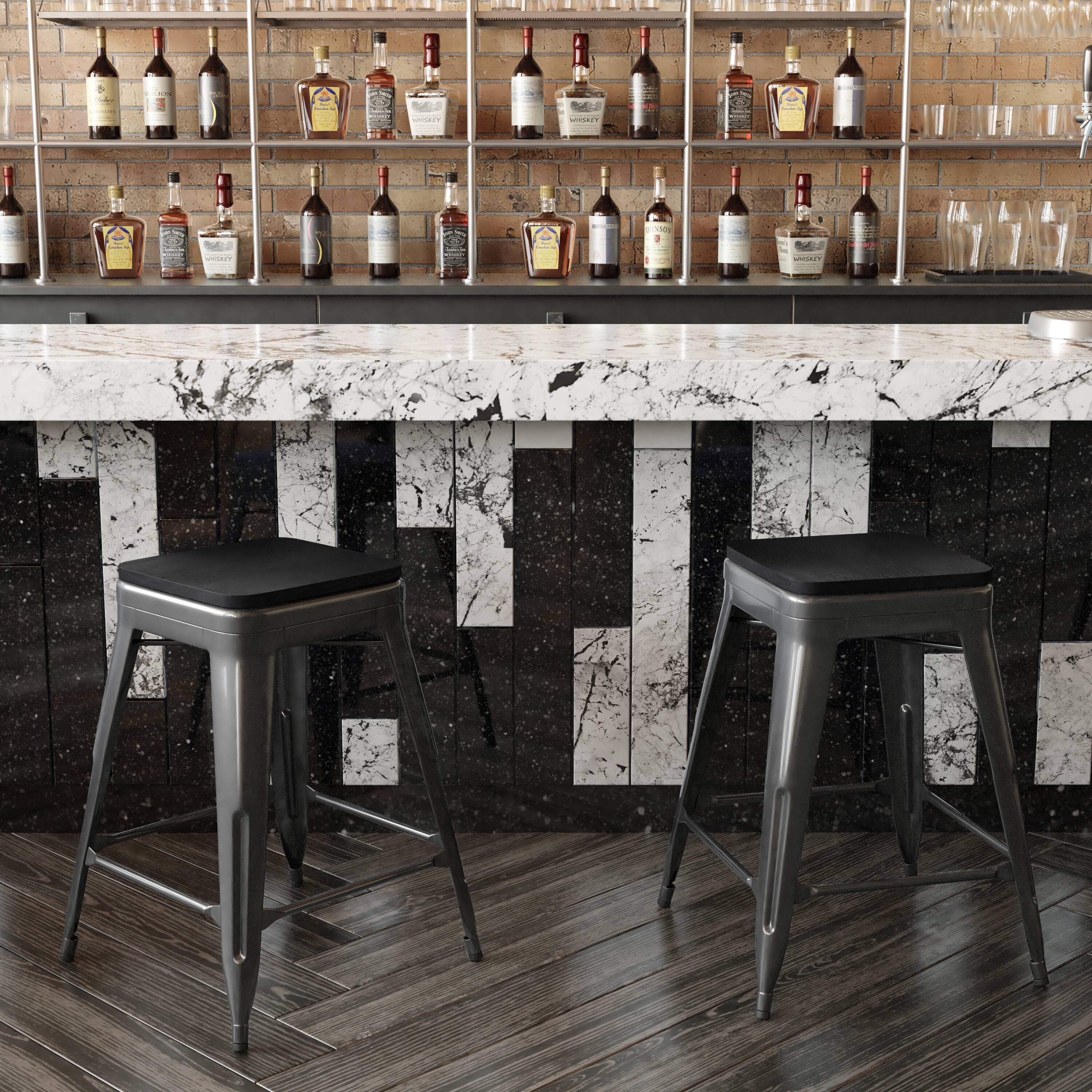 Alt View 3. Emma + Oliver - Kam Backless Metal Indoor-Outdoor Stool with All-Weather Polystyrene Seat - Black Seat/Black Frame.