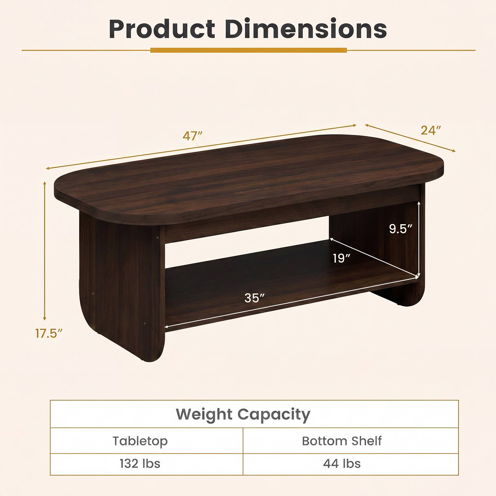 Product Dimensions: 47" x 24" x 9.5" x 19" x 35" x 17.5"  
Weight Capacity: Tabletop - 132 lbs, Bottom Shelf - 44 lbs