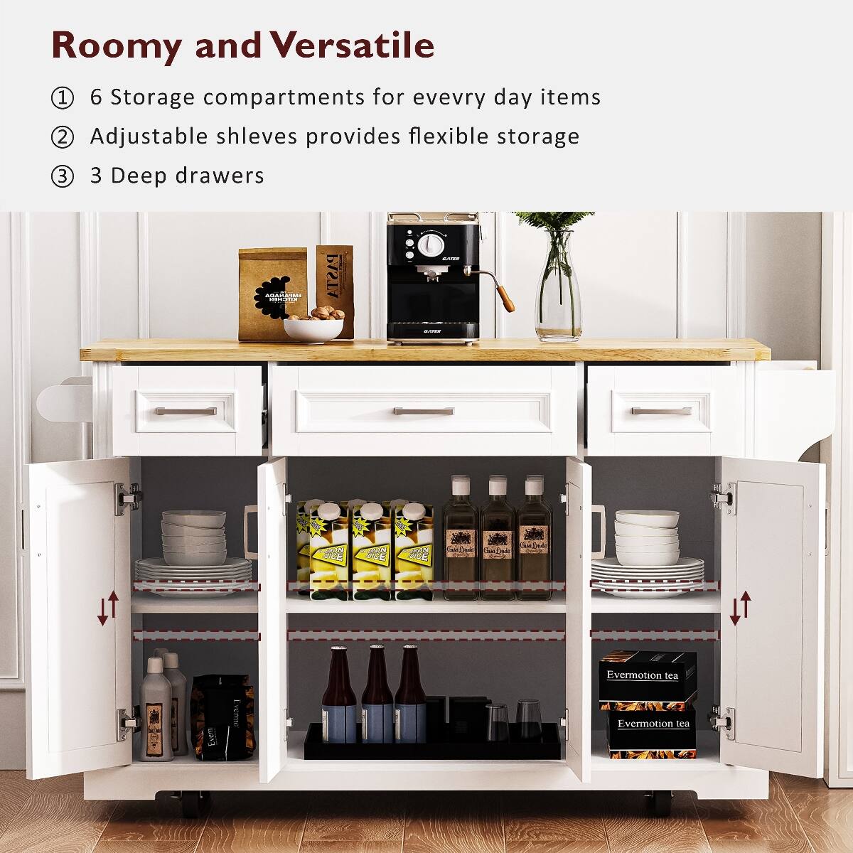 Roomy and Versatile  
1. 6 Storage compartments for everyday items  
2. Adjustable shelves provide flexible storage  
3. 3 Deep drawers  

EMPAADA KITCHEN  
VLSVA  
SPORT LATE  
SINCE  
E  
SICE  
Evermotion tea  
Evermotion tea
