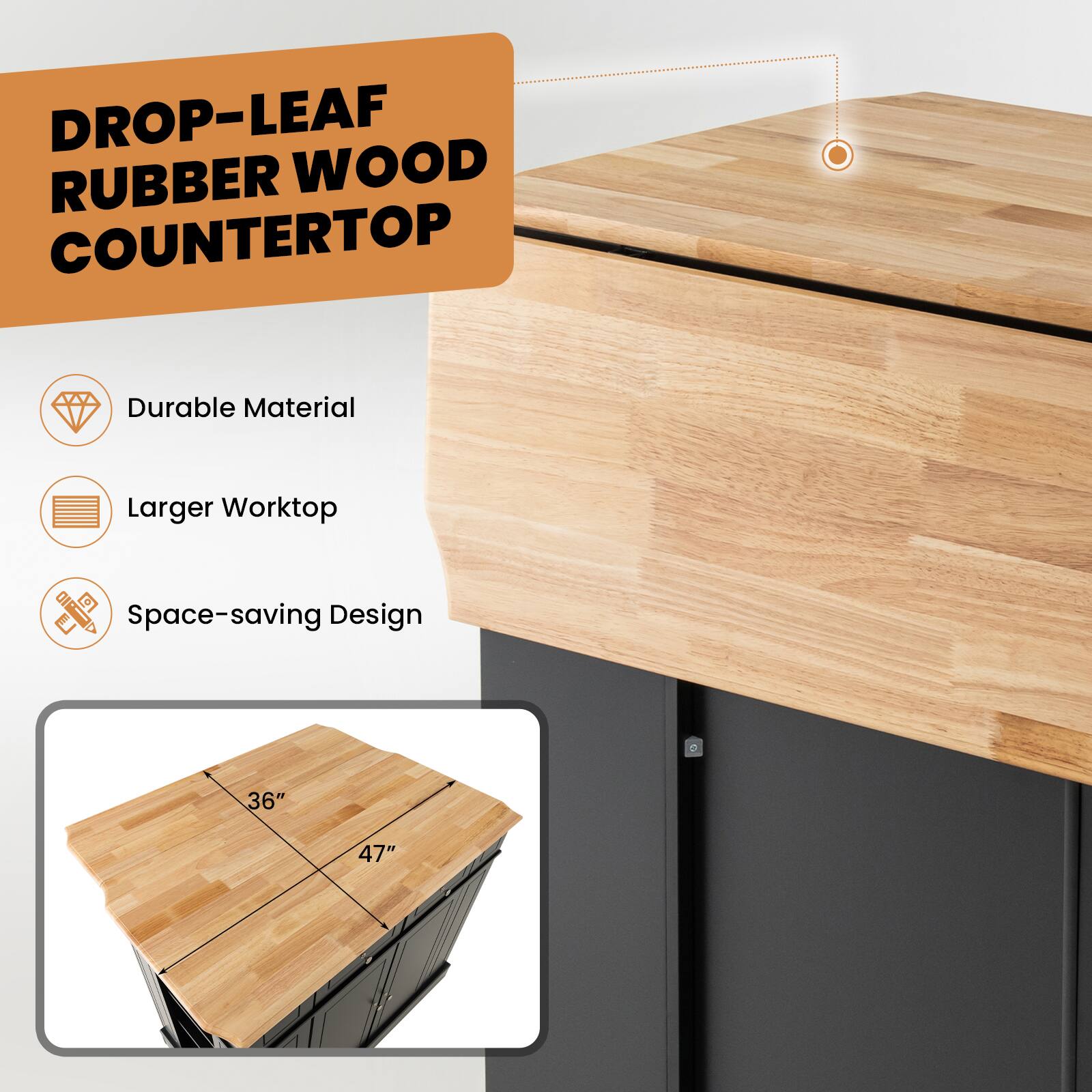 Drop-leaf Rubber Wood Countertop: Durable Material, Larger Worktop, Space-saving Design, 36" and 47"