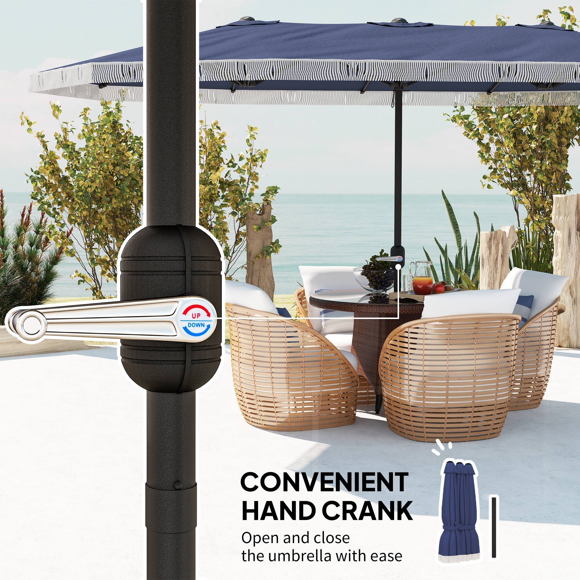 CONVENIENT HAND CRANK
Open and close the umbrella with ease
UP DOWN