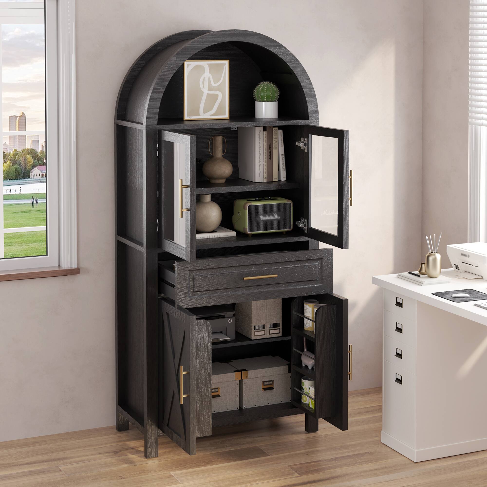 Alt View 1. Loheer - Loheer Kitchen Pantry Cabinet, 71in Black Arched Pantry Cabinet with Glass Doors, Drawer, Adjustable Shelves - Black.