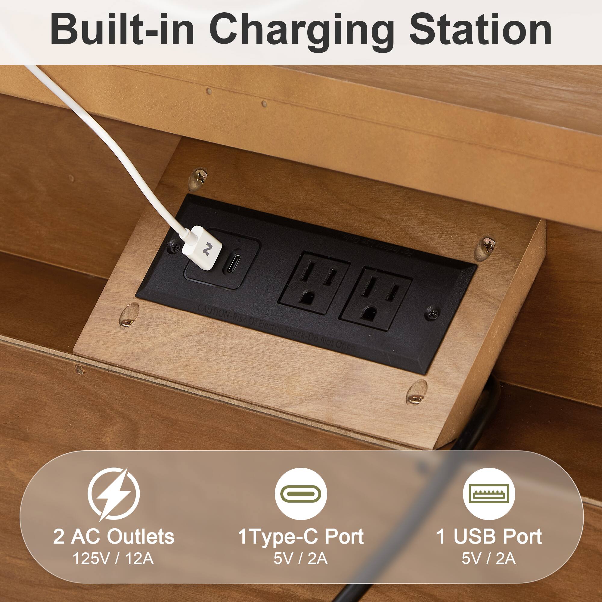 Built-in Charging Station

CAUTION: RISK OF ELECTRIC SHOCK - DO NOT OPEN

2 AC Outlets 125V / 12A

1 Type-C Port 5V / 2A

1 USB Port 5V / 2A