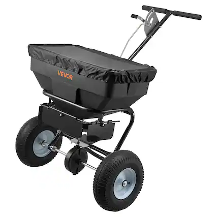 Front. VEVOR - Walk-Behind Spreader, 12ft Spreading Width, Push Broadcast Spreader with 13" All-Terrain Tires, Adjustable Flow Control - Black.