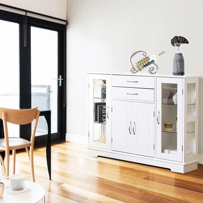 Left. Hivvago - White Wood Buffet Sideboard Cabinet with Glass Display Doors - White.