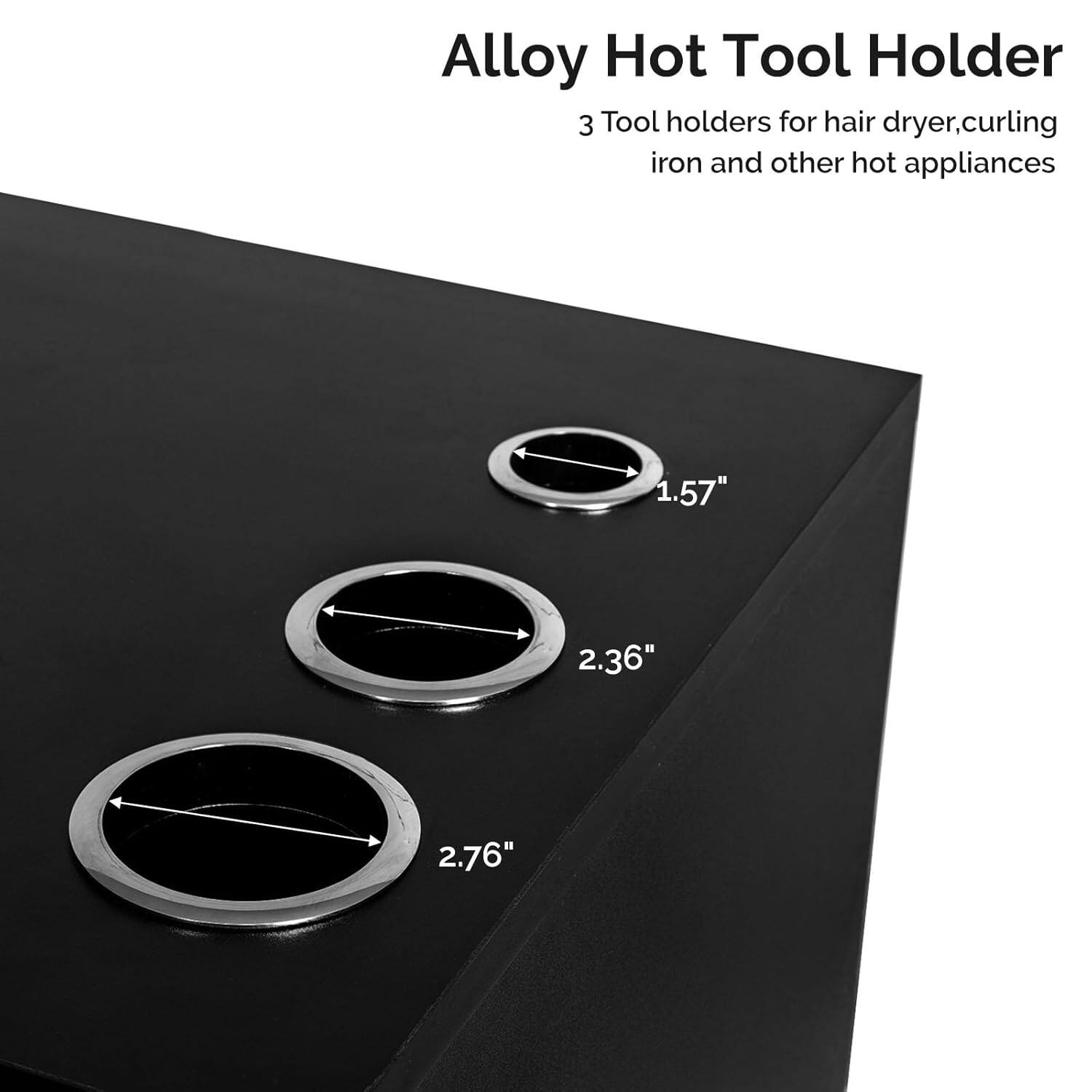 Alloy Hot Tool Holder  
3 Tool holders for hair dryer, curling iron and other hot appliances  
1.57" 2.36" 2.76"