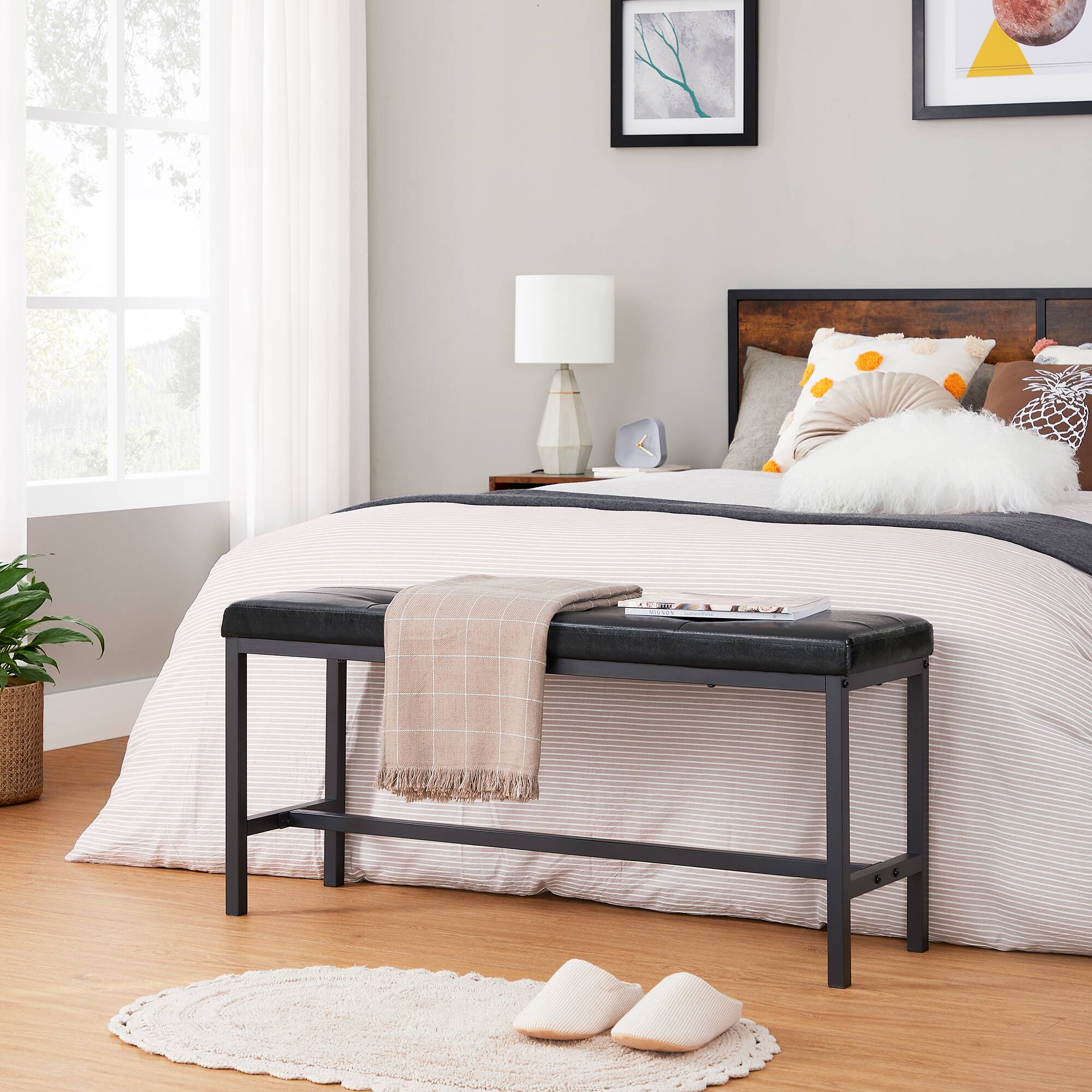 Left. Songmics Home - Dining Table Bench, Ottoman Bench with PU Leather Padded Seat, Steel Frame, 42.5 x 12.8 x 18.9 Inches, Hallway, Bedroom - Black.