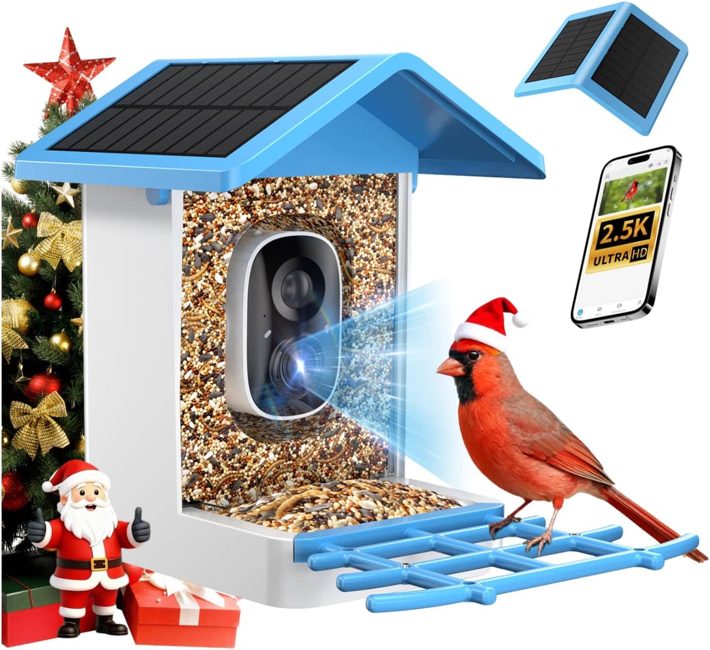 FINEAK - Smart Bird Feeder-2.5K AI Camera, Solar Powered, Bird ID - Blue