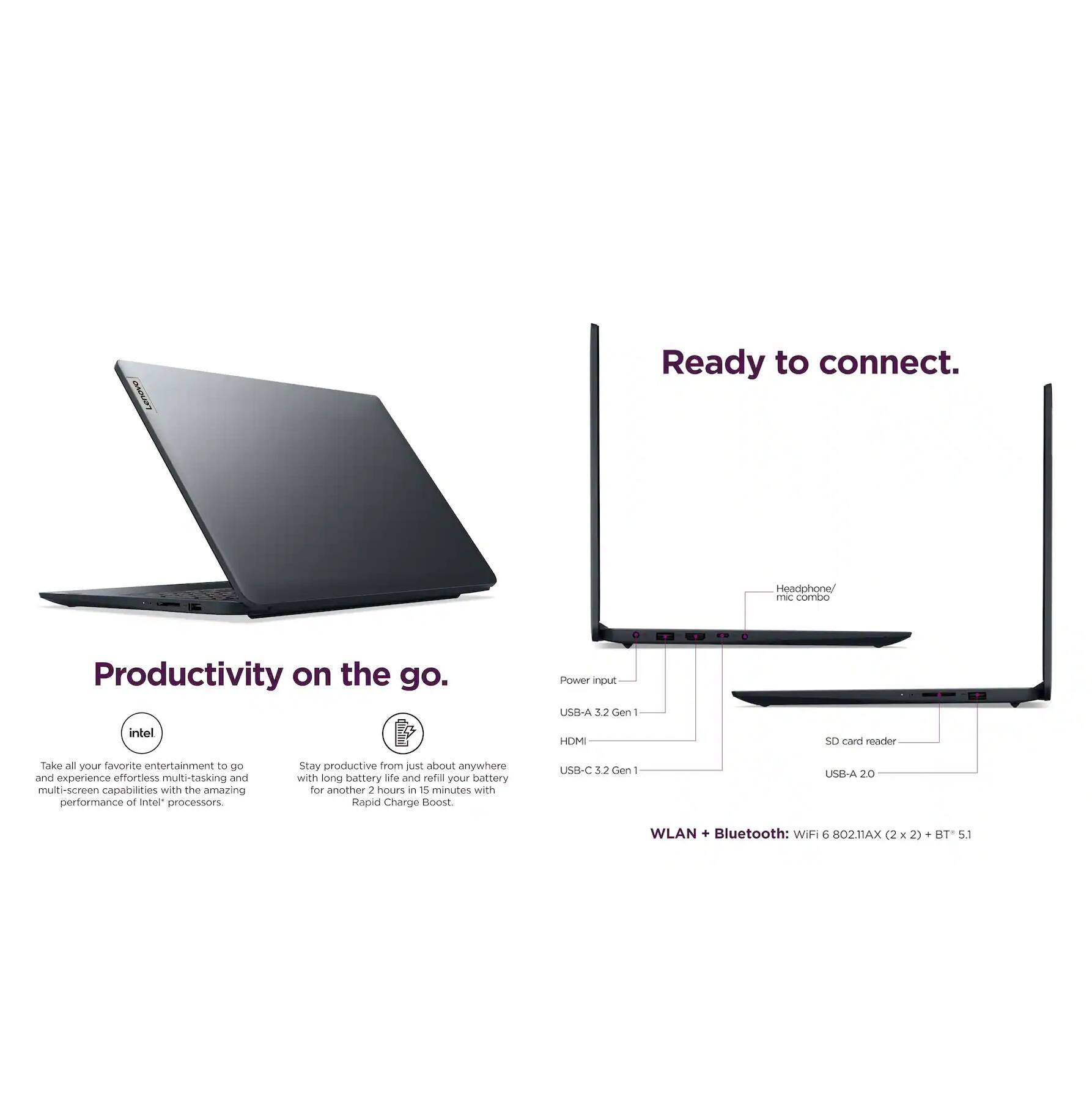 Ready to connect.  
Headphone/mic combo.  

Productivity on the go.  

Take all your favorite entertainment to go and experience effortless multi-tasking and multi-screen capabilities with the amazing performance of Intel® processors.  

Stay productive from just about anywhere with long battery life and refill your battery for another 2 hours in 15 minutes with Rapid Charge Boost.  

Power input: USB-A 3.2 Gen 1  
HDMI  
USB-C 3.2 Gen 1  
SD card reader  
USB-A 2.0  

WLAN + Bluetooth: WiFi 6 802.11AX (2 x 2) + BT 5.1