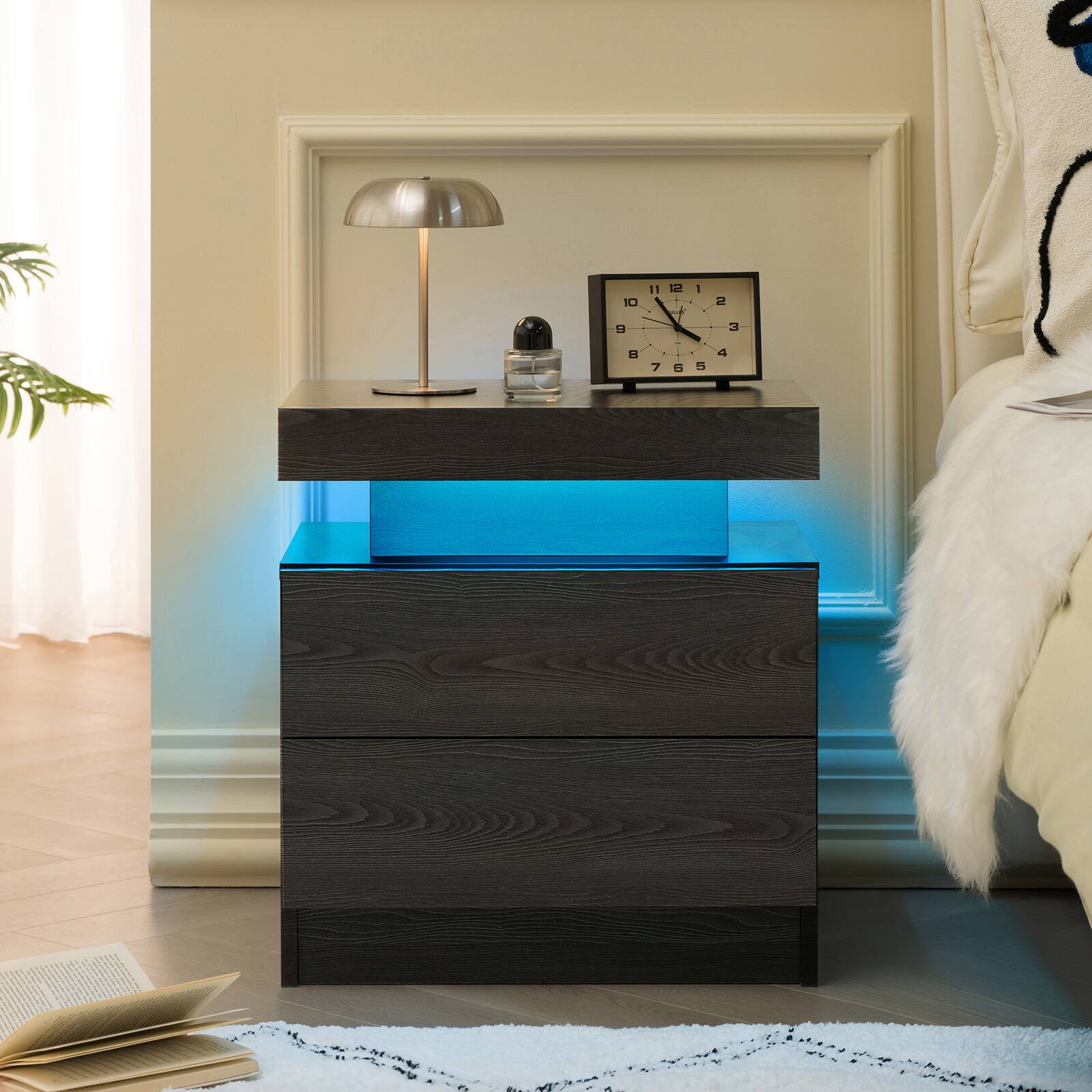 Alt View 2. Chateau Abodes - LED Nightstand, Modern Bedside Table with 2 Drawers & Cabinet Lights for Bedroom, 13x19x20 Inches - Black Woodgrain.