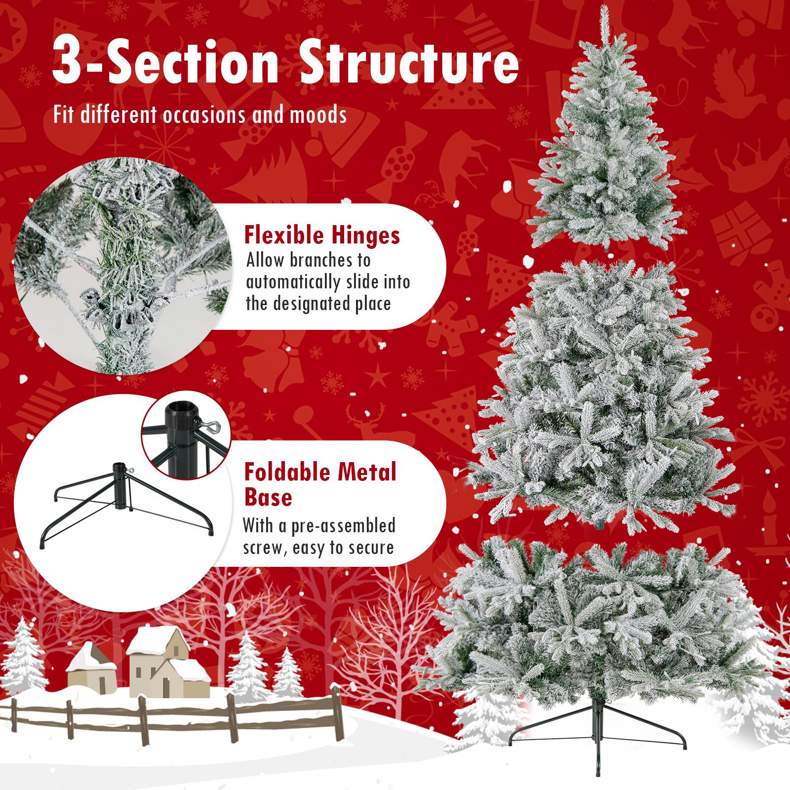 3-Section Structure  
Fit different occasions and moods  

Flexible Hinges  
Allow branches to automatically slide into the designated place  

Foldable Metal Base  
With a pre-assembled screw, easy to secure