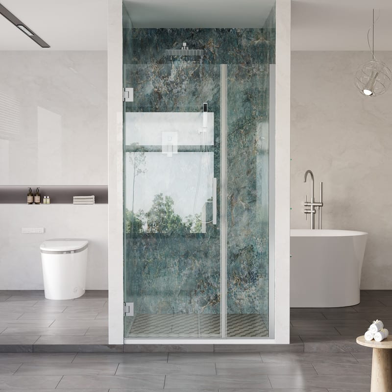 WELLFOR - 38–39 in. W x 72 in. H Frameless Hinged Shower Door with 3/8" Clear Tempered Glass, Reversible Opening - Chrome