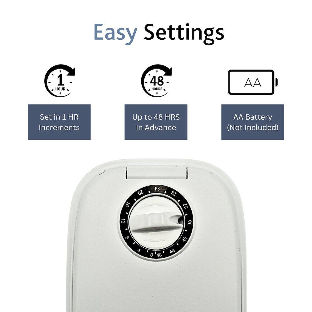 Easy Settings

- Set in 1 HR Increments
- Up to 48 HRS In Advance
- AA Battery (Not Included)

1 HOUR - 48 HOURS

16 20 24 28 32 12 36 0 4 0 48 44 40