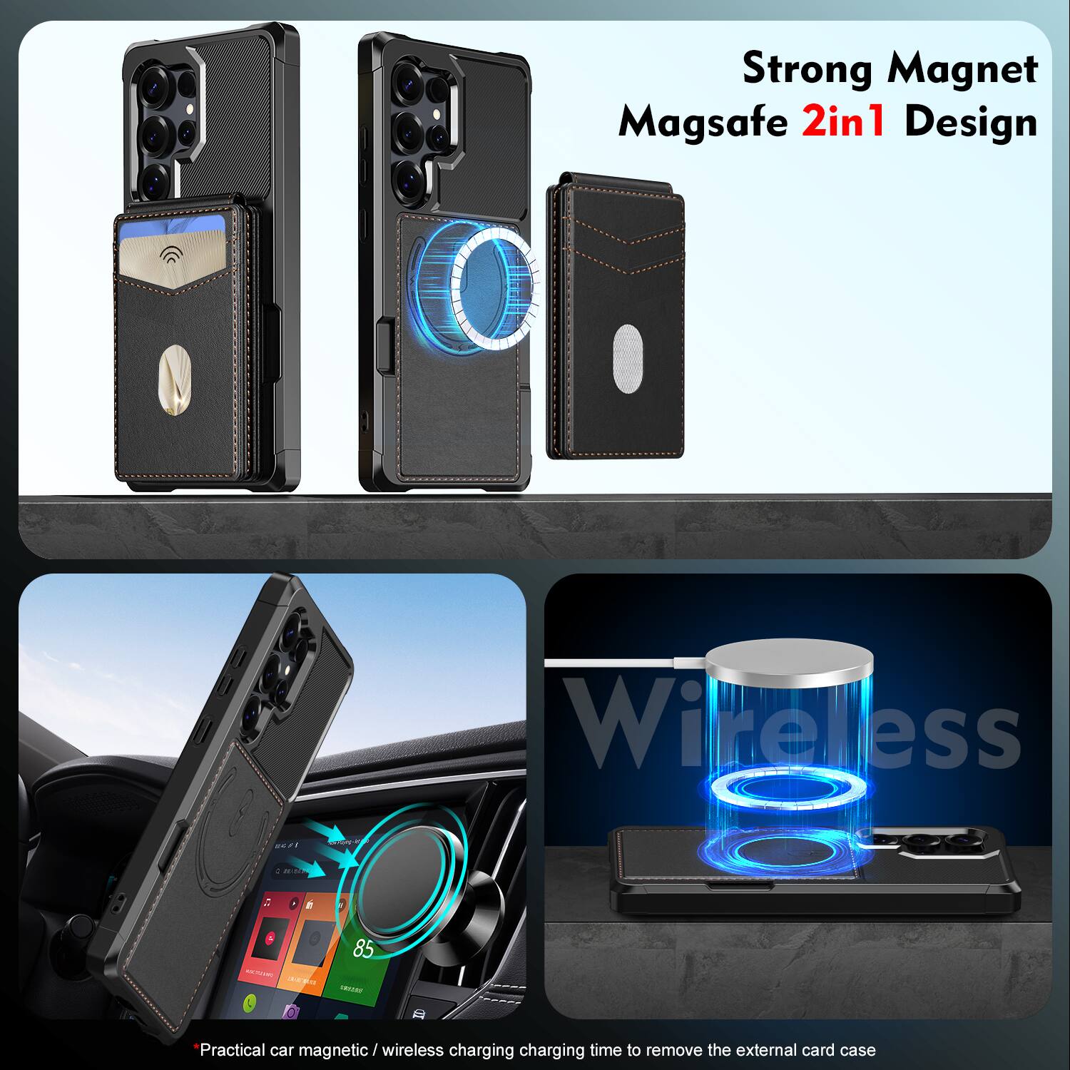 Strong Magnet Magsafe 2in1 Design

Practical car magnetic / wireless charging charging time to remove the external card case