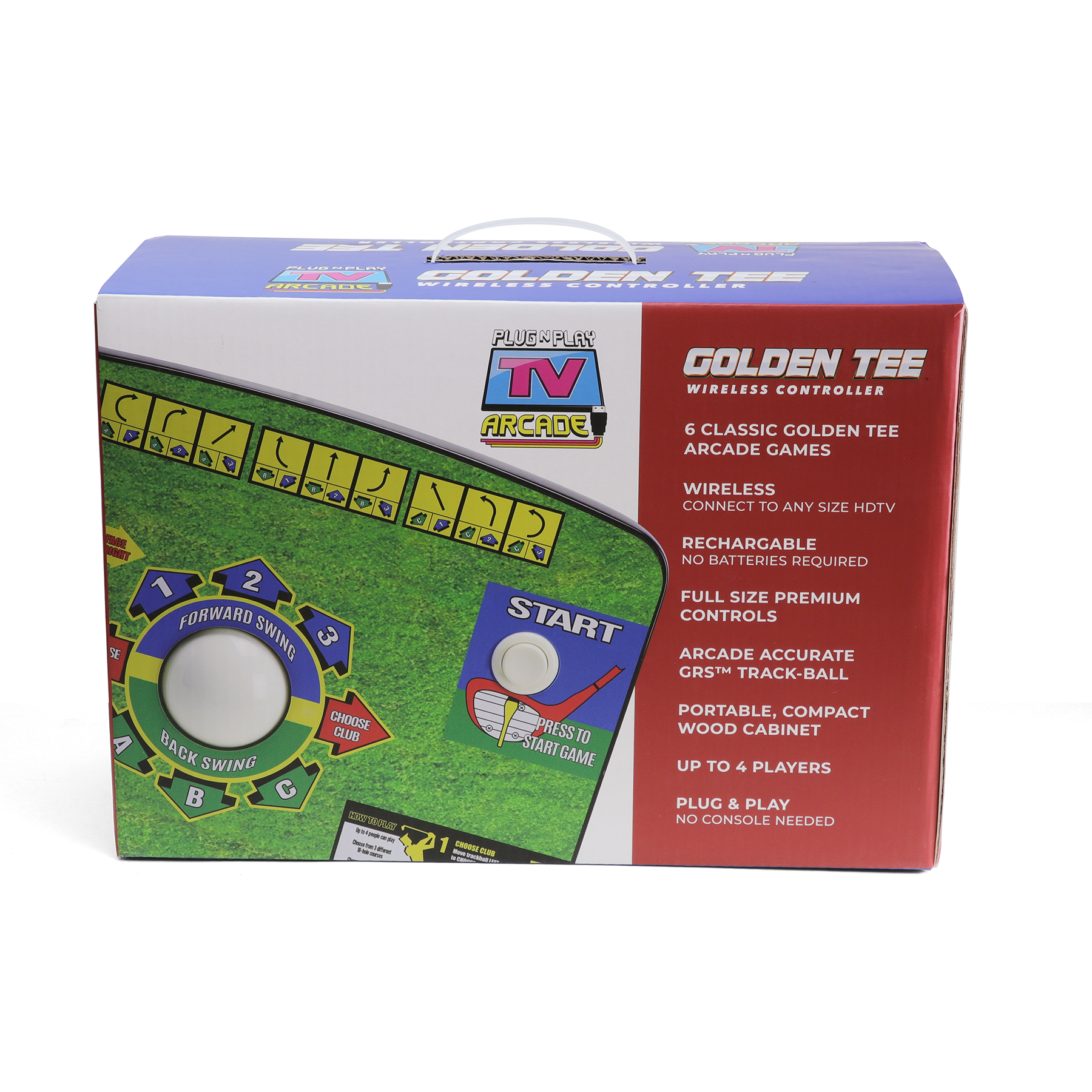 MR TOOS I - COLDENTE TE RRLAUIE INELESS .....NI... C t W & / 4 W J I 7 AE OANNT 1 2 FORWARD SWING 3 SE  PLUENPLAY TV GOLDEN TEE WIRELESS CONTROLLER ARCADE 6 CLASSIC GOLDEN TEE ARCADE GAMES I WIRELESS CONNECT TO ANY SIZE HDTV 4   A O  RECHARGABLE NO BATTERIES REQUIRED FULL SIZE PREMIUM START CONTROLS ARCADE ACCURATE GRSTM TRACK-BALL BACK SWING + CHOOSE CLUB DaO n i o 1 u .an PRESS TO START GAME PORTABLE, COMPACT WOOD CABINET UP TO 4 PLAYERS PLUG & PLAY NO CONSOLE NEEDED