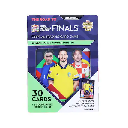 100% OFFICIAL! THE ROAD TO UEFA NATIONS LEAGUE FINALS OFFICIAL TRADING CARD GAME GREEN MATCH WINNER MINI TIN 30 CARDS + 1 GOLD LIMITED EDITION CARD + 1 EXCLUSIVE MATCH WINNER LIMITED EDITION CARD AGES 6+