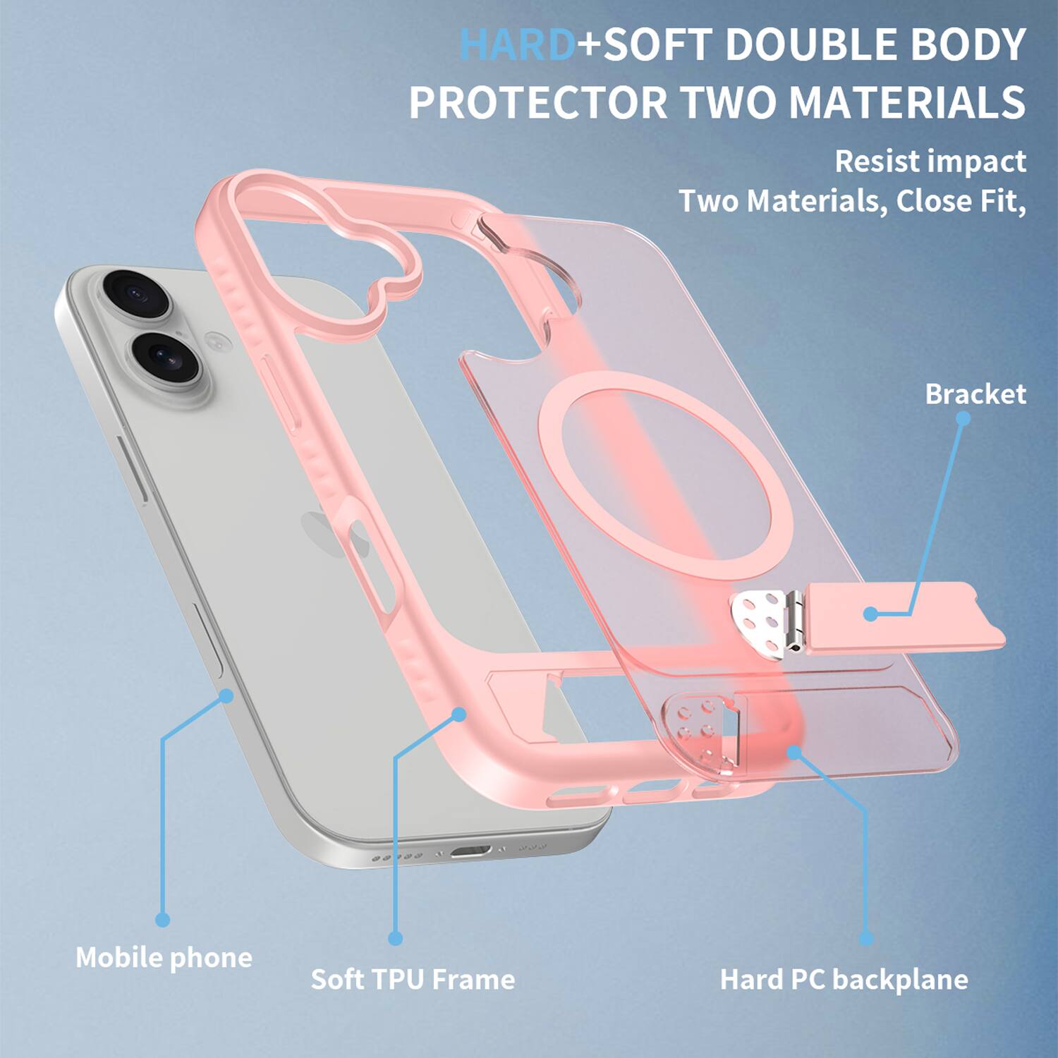 HARD+SOFT DOUBLE BODY PROTECTOR TWO MATERIALS  
Resist impact  
Two Materials, Close Fit,  
Bracket  
Mobile phone  
Soft TPU Frame  
Hard PC backplane