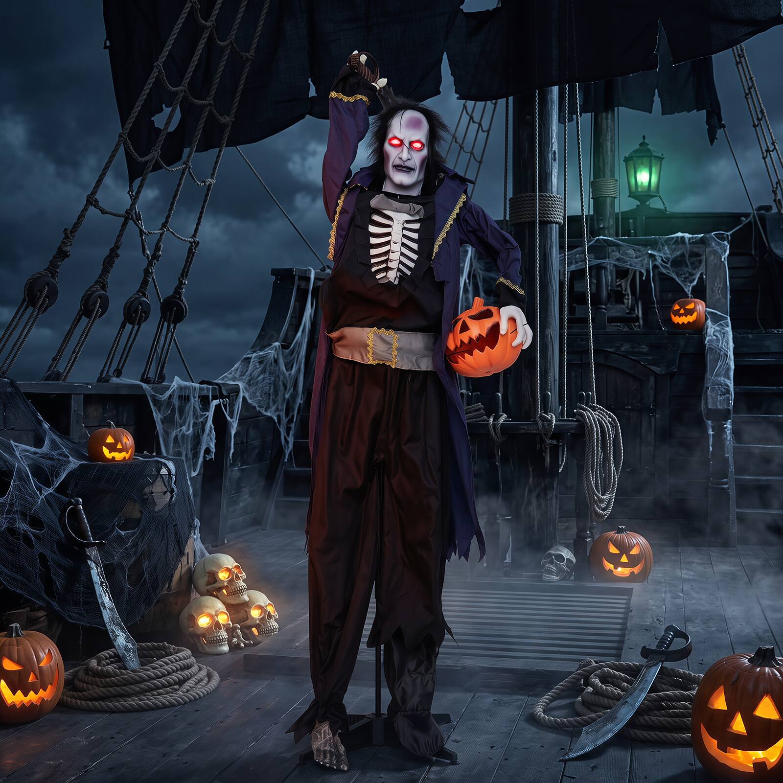 Alt View 3. Costway - Costway Life-size Dracula Captain Halloween Animatronics with Glowing Eyes, Creepy Sounds - Dark Blue.
