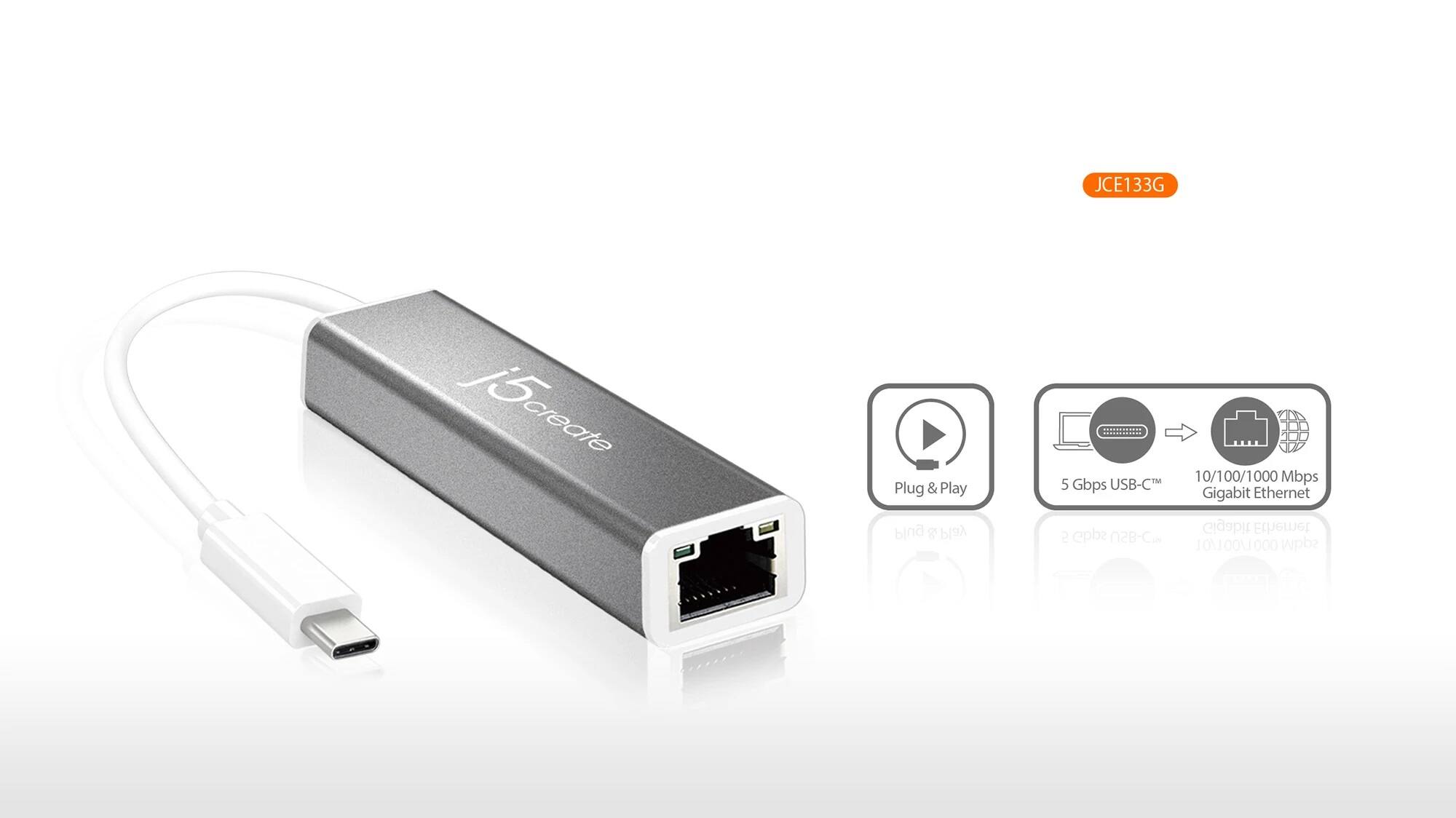 Angle. j5create - USB-C to Gigabit Ethernet Adapter - Silver.