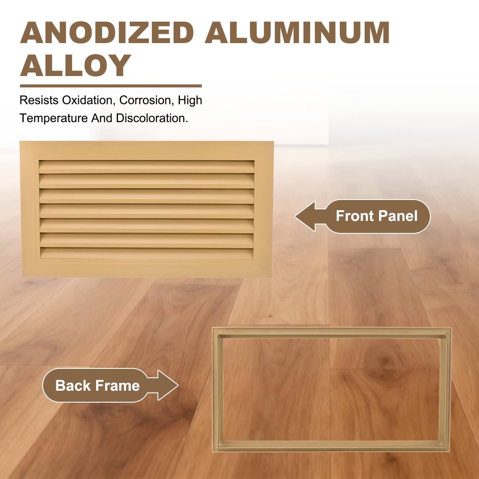 ANODIZED ALUMINUM ALLOY  
Resists Oxidation, Corrosion, High Temperature And Discoloration.  

Front Panel  
Back Frame