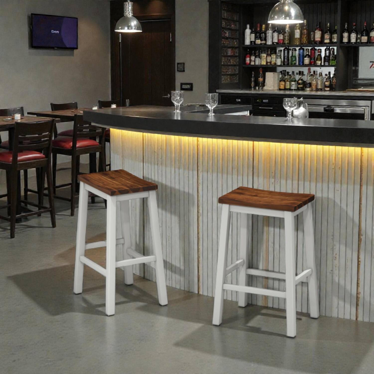 Front. Hivvago - Pair of Saddle-Style Bar Stools with Footrests for Kitchen Island Seating - Walnut & Gray.