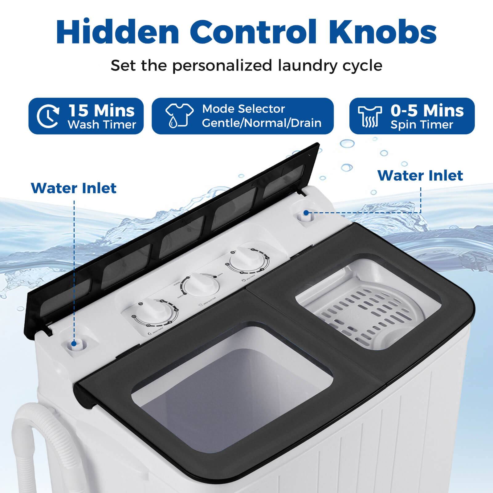 Hidden Control Knobs  
Set the personalized laundry cycle  

- 15 Mins Wash Timer  
- Mode Selector Gentle/Normal/Drain  
- 0-5 Mins Spin Timer  

Water Inlet