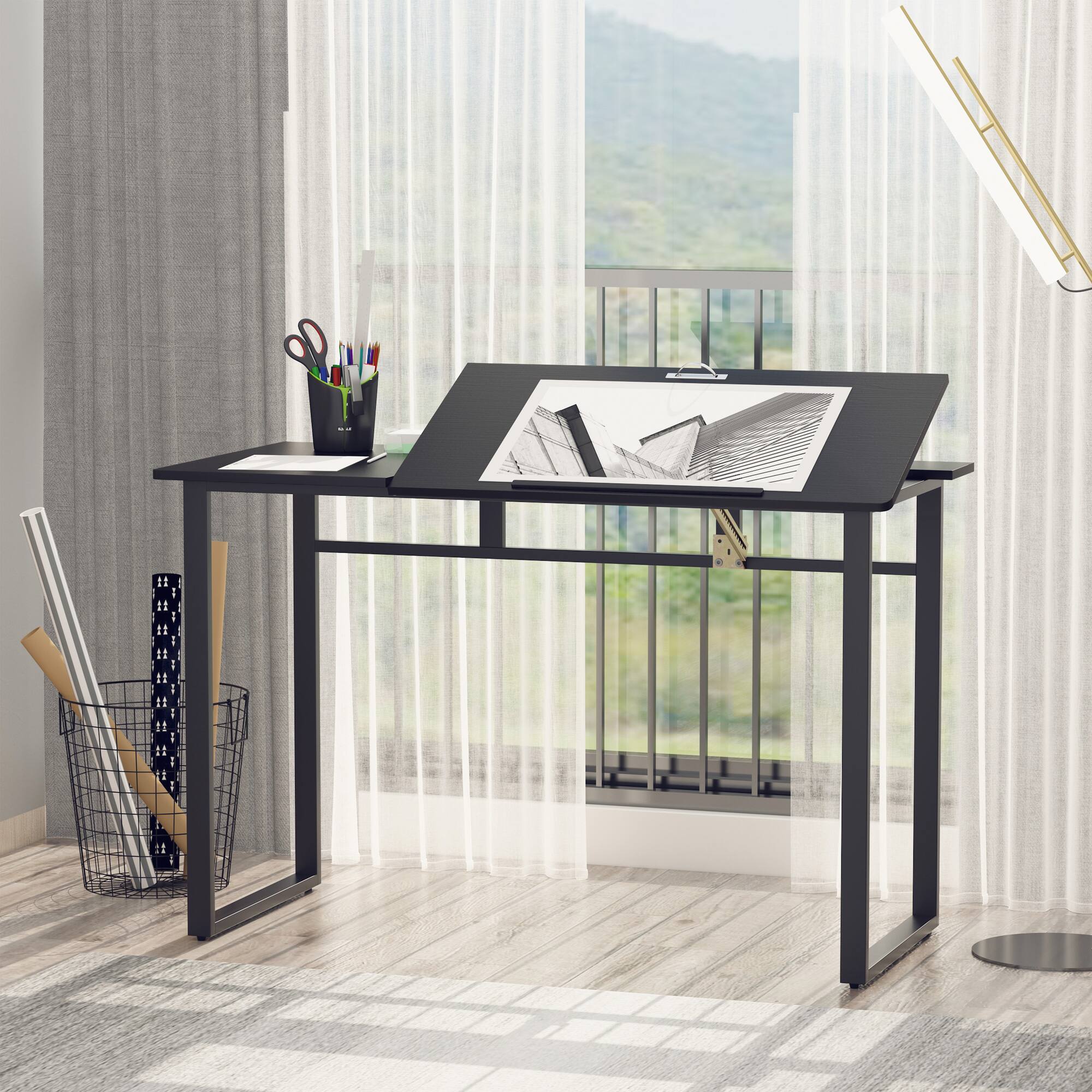 Angle. Homcom - Modern Drafting Drawing Table with Adjustable Tiltable Tabletop, Writing Office Desk Artist Workstation - Black Wood Grain.