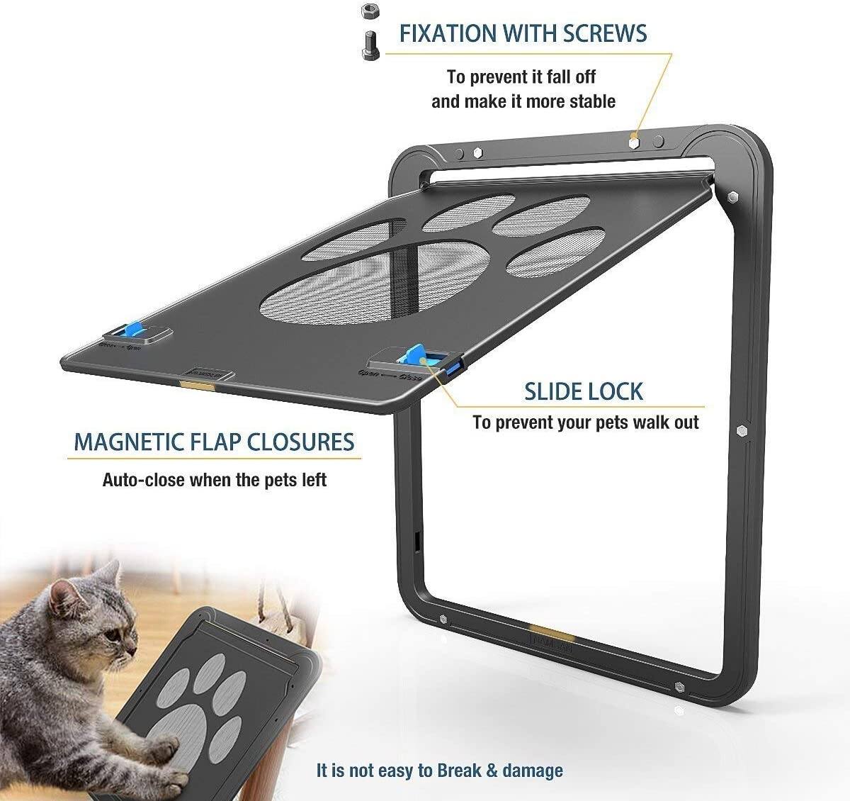 - **Fixation with Screws**
  - To prevent it fall off and make it more stable

- **Magnetic Flap Closures**
  - Auto-close when the pets left

- **Slide Lock**
  - To prevent your pets walk out

- It is not easy to Break & damage