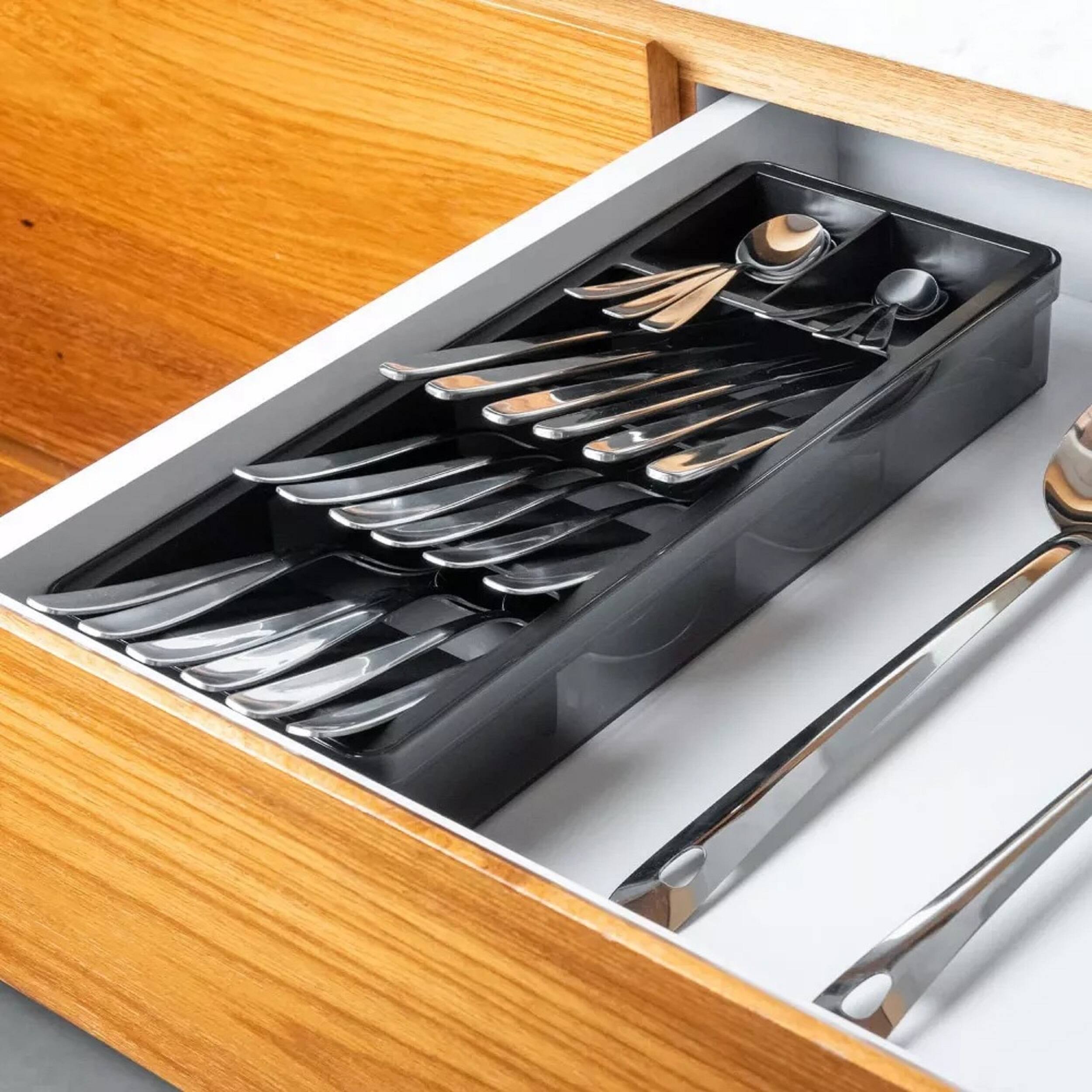 Angle. OU - OU In-Drawer Silverware & Utensils Organizer, 5 Compartments Flatware Storage - 14.75" x 5.9" - Black - Black.