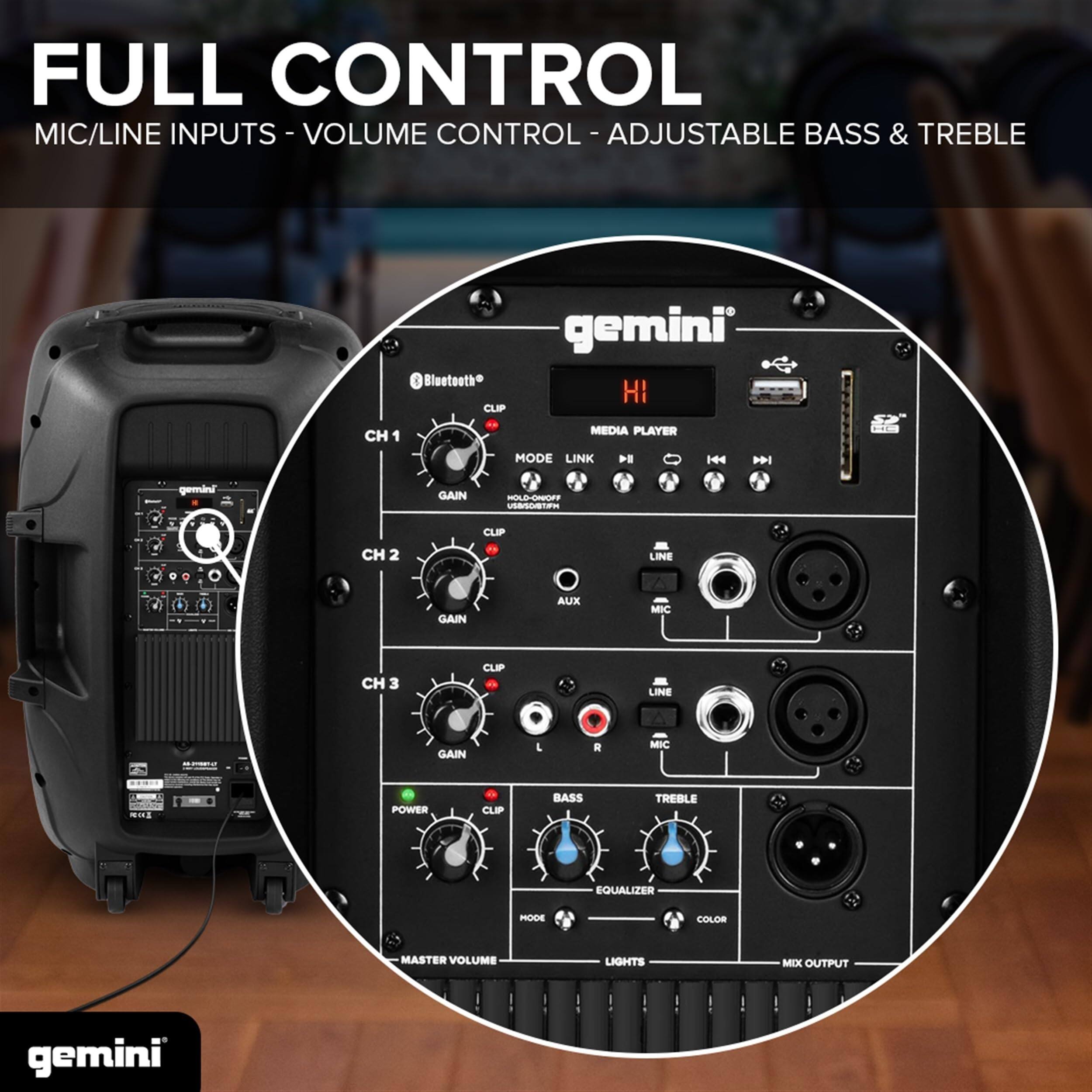FULL CONTROL  
MIC/LINE INPUTS - VOLUME CONTROL - ADJUSTABLE BASS & TREBLE  

Bluetooth  
CLIP  
gemini  
HI  
MEDIA PLAYER  
MODE  
E4 H44 PN  
gemini  
GAIN  
CLIP  
CH 1  
LINE GAIN  
AUX  
MIC  
CLIP  
CH 2  
LINE GAIN  
MIC  
CLIP  
CH 3  
LINE GAIN  
BASS  
TREBLE  
EQUALIZER  
MODE  
COLOR  
MASTER VOLUME  
LIGHTS  
MIX OUTPUT