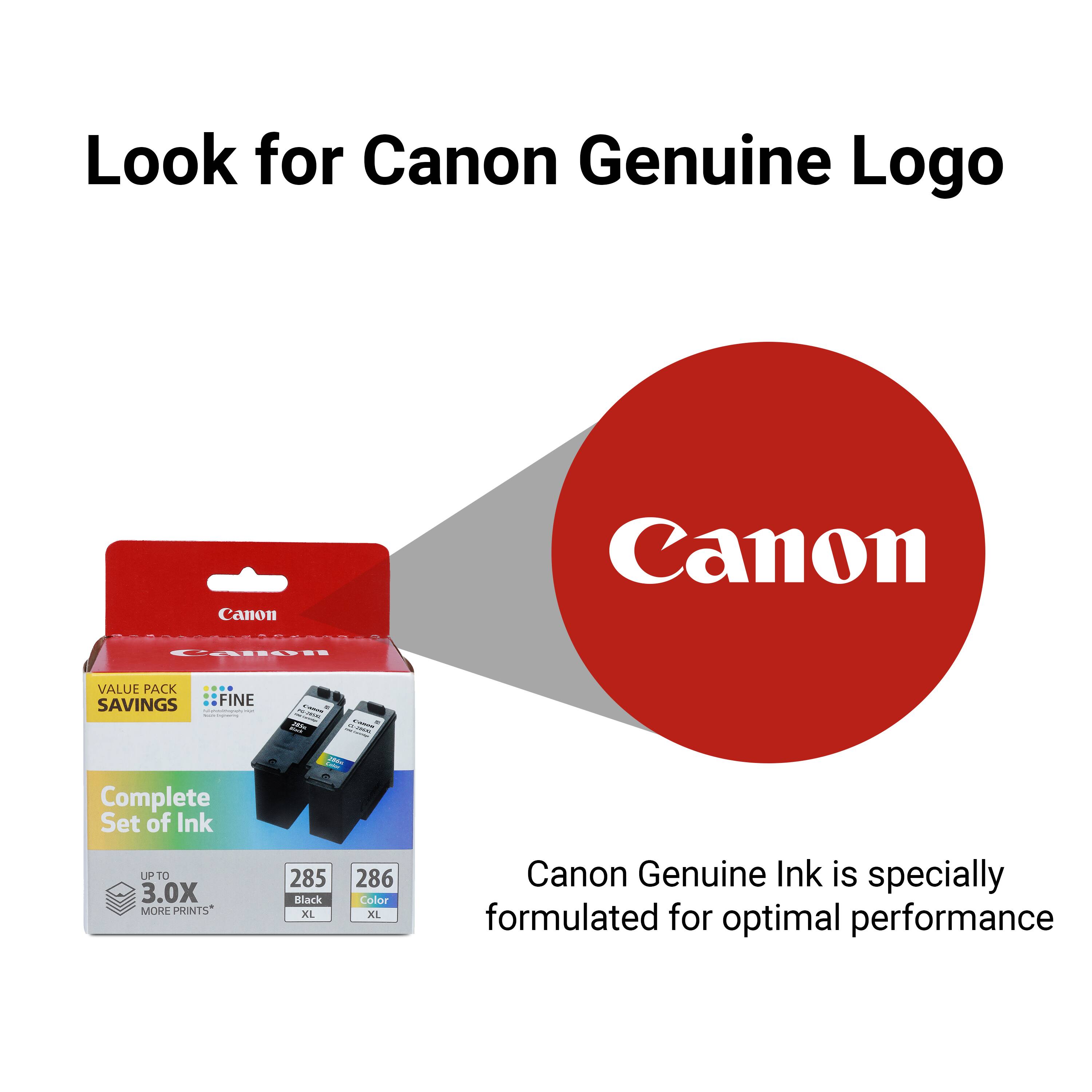 Look for the Canon Genuine Logo. Canon TAITES Value Pack offers savings on a complete set of ink, including 285 black XL and 286 color XL cartridges. Canon Genuine Ink is specially formulated for optimal performance.
