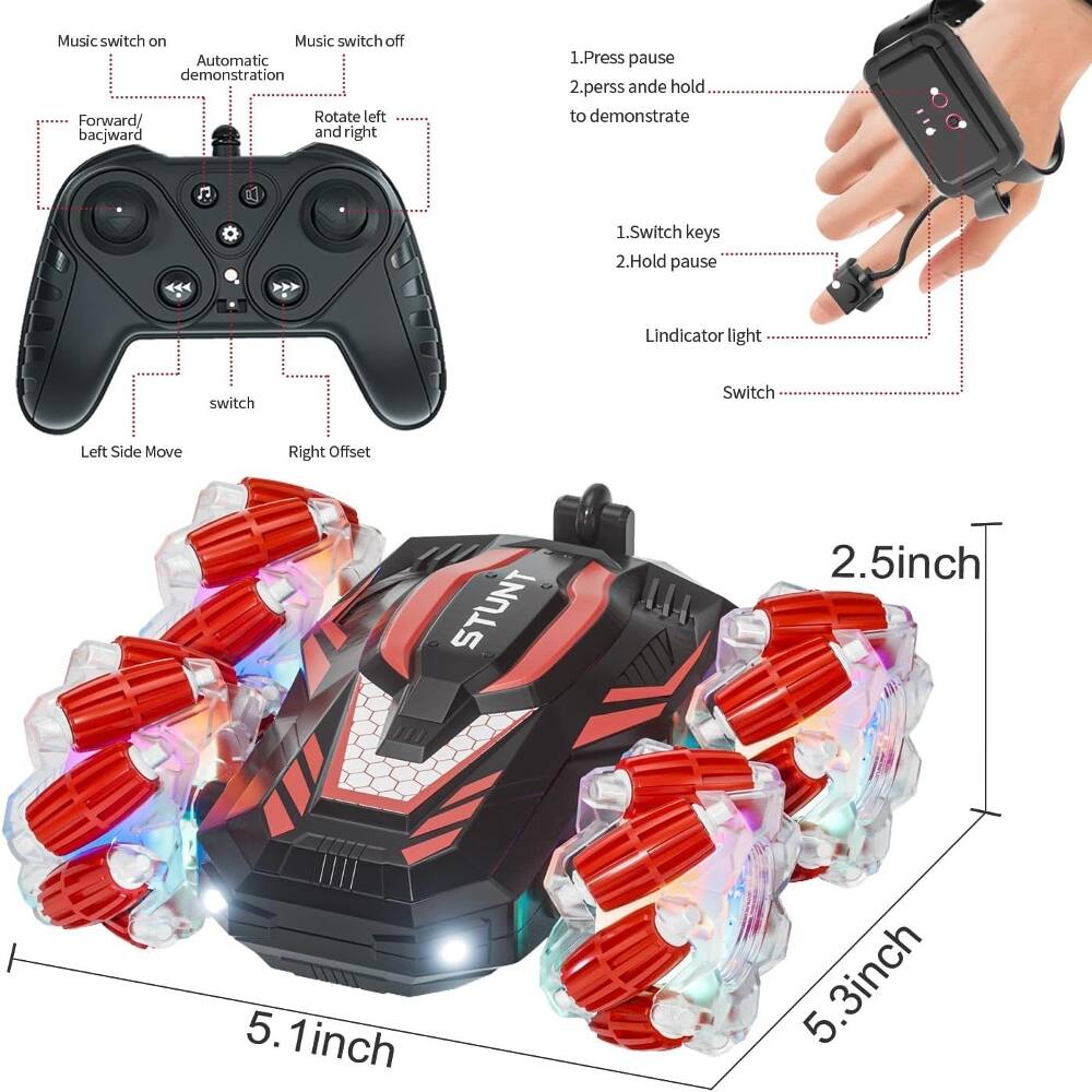 Music switch on  
Automatic demonstration  
Forward/ backward  
Rotate left and right  

1. Press pause  
2. Press and hold to demonstrate  

1. Switch keys  
2. Hold pause  

L indicator light  
Switch  

Left Side Move  
Right Offset  

STUNT  
2.5 inch  
5.1 inch  
5.3 inch