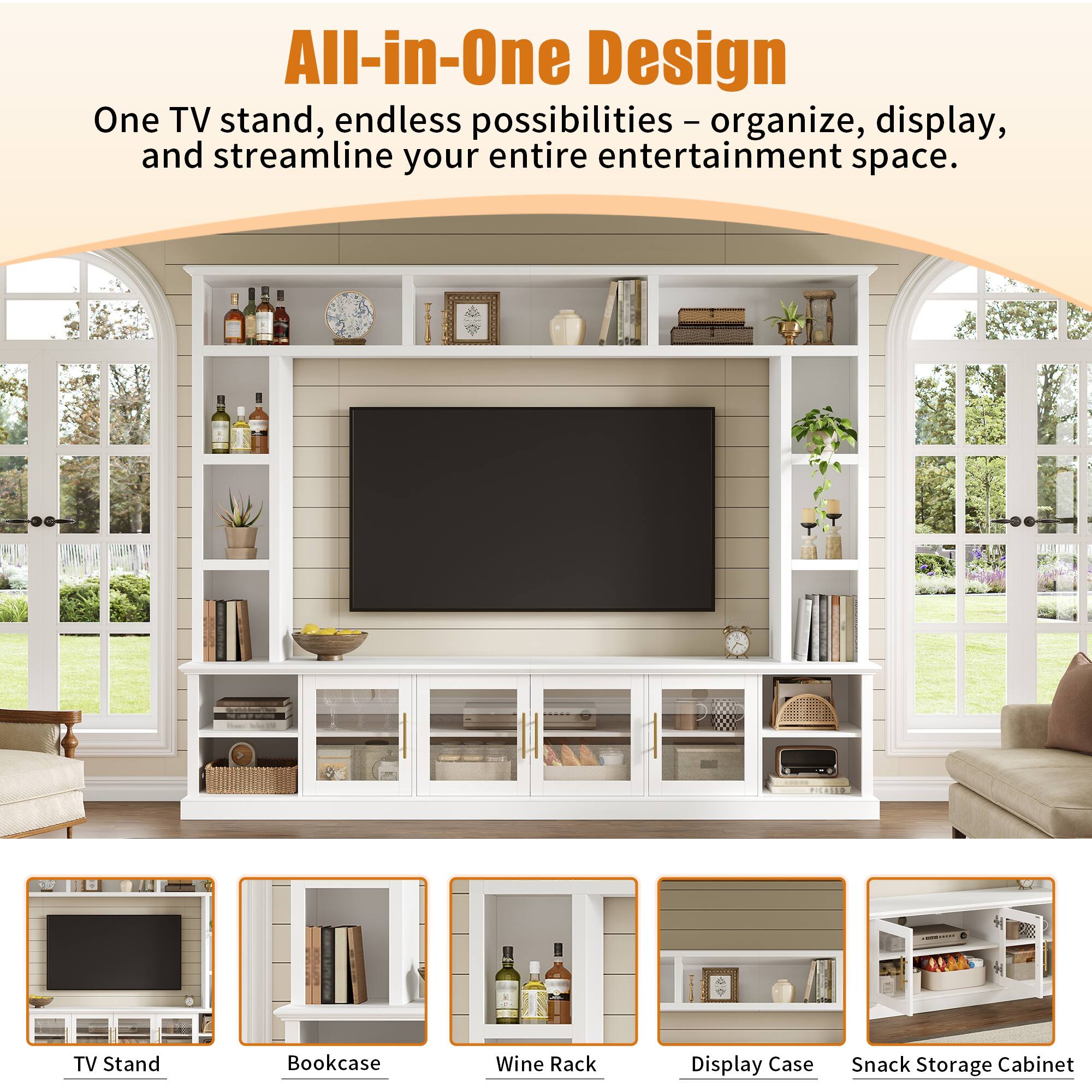 All-in-One Design

One TV stand, endless possibilities – organize, display, and streamline your entire entertainment space.

- TV Stand
- Bookcase
- Wine Rack
- Display Case
- Snack Storage Cabinet