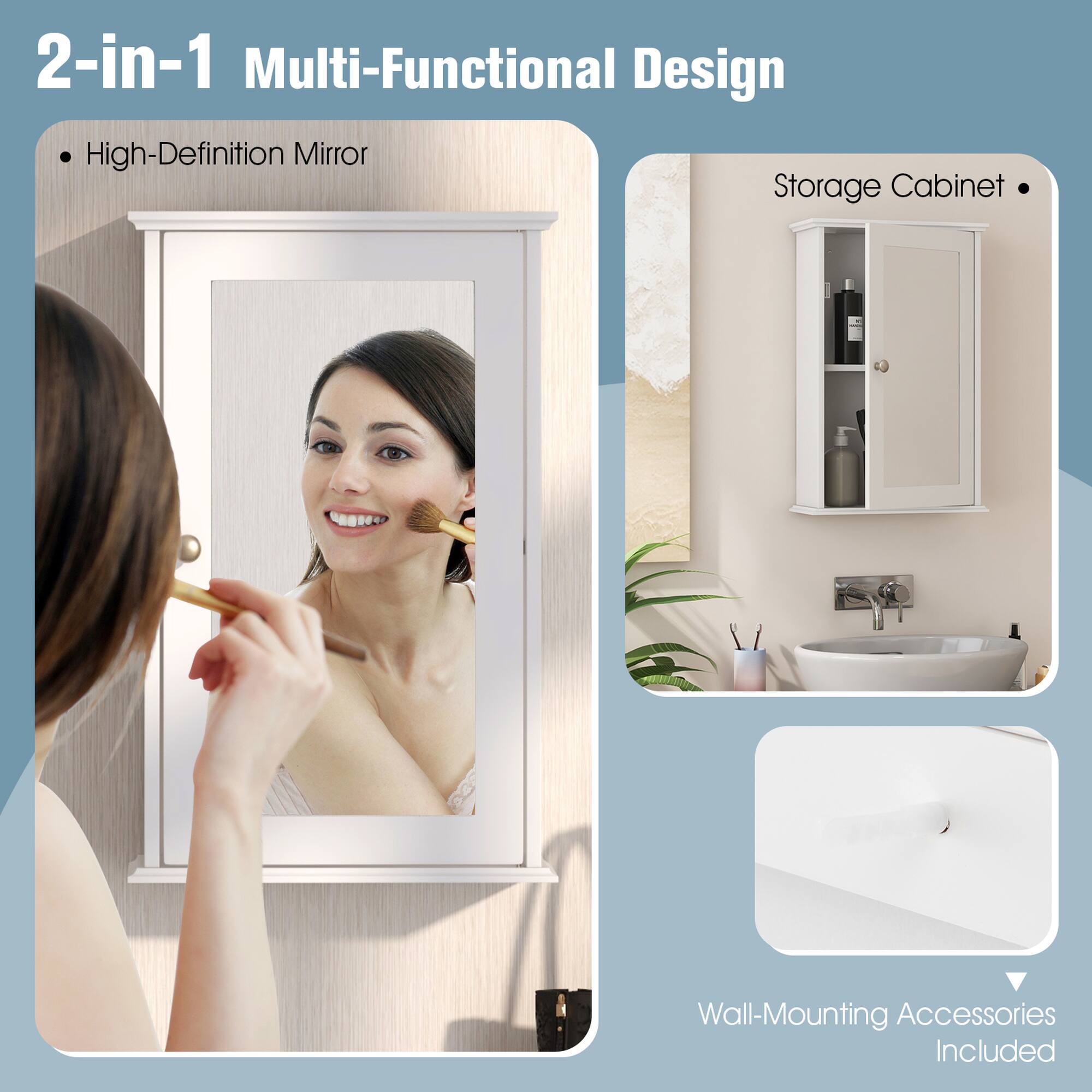 2-in-1 Multi-Functional Design

- High-Definition Mirror
- Storage Cabinet
- Wall-Mounting Accessories Included
