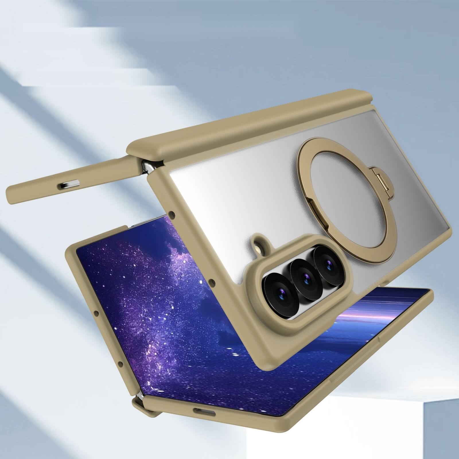Left. Dteck - For Samsung Galaxy Z Fold8 Ultra Magnetic Case Built-in Screen Protector,Shockproof Ring Stand Clear Back Hinge Cover - Gold.