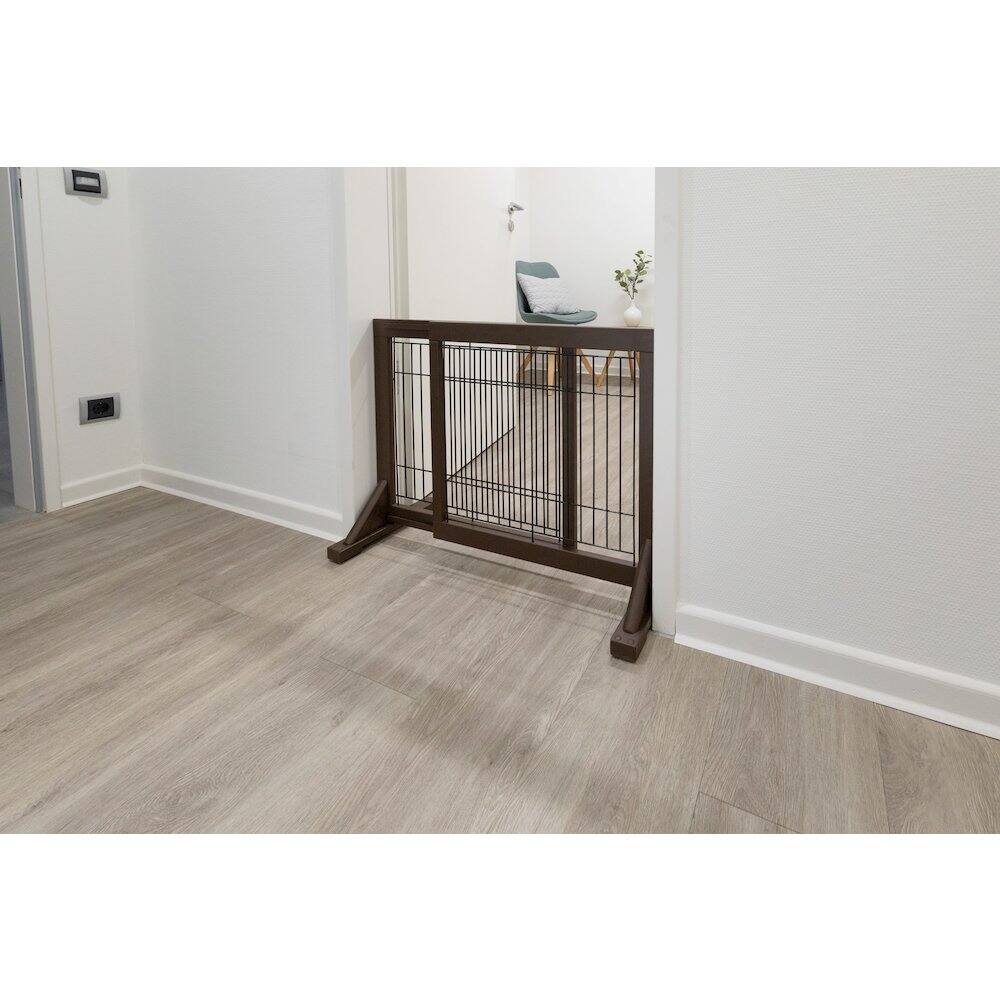 Angle. TRIXIE - Adjustable Wooden Freestanding Pet Gate, Tall Step Over, Expands to 42.5" - Espresso Brown.