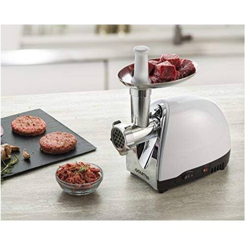 Angle. Gourmia - Gourmia Electric Meat Grinder, 500W Commercial-Grade Processor with Sausage Stuffer & 3 Stainless Steel Plates - Silver.